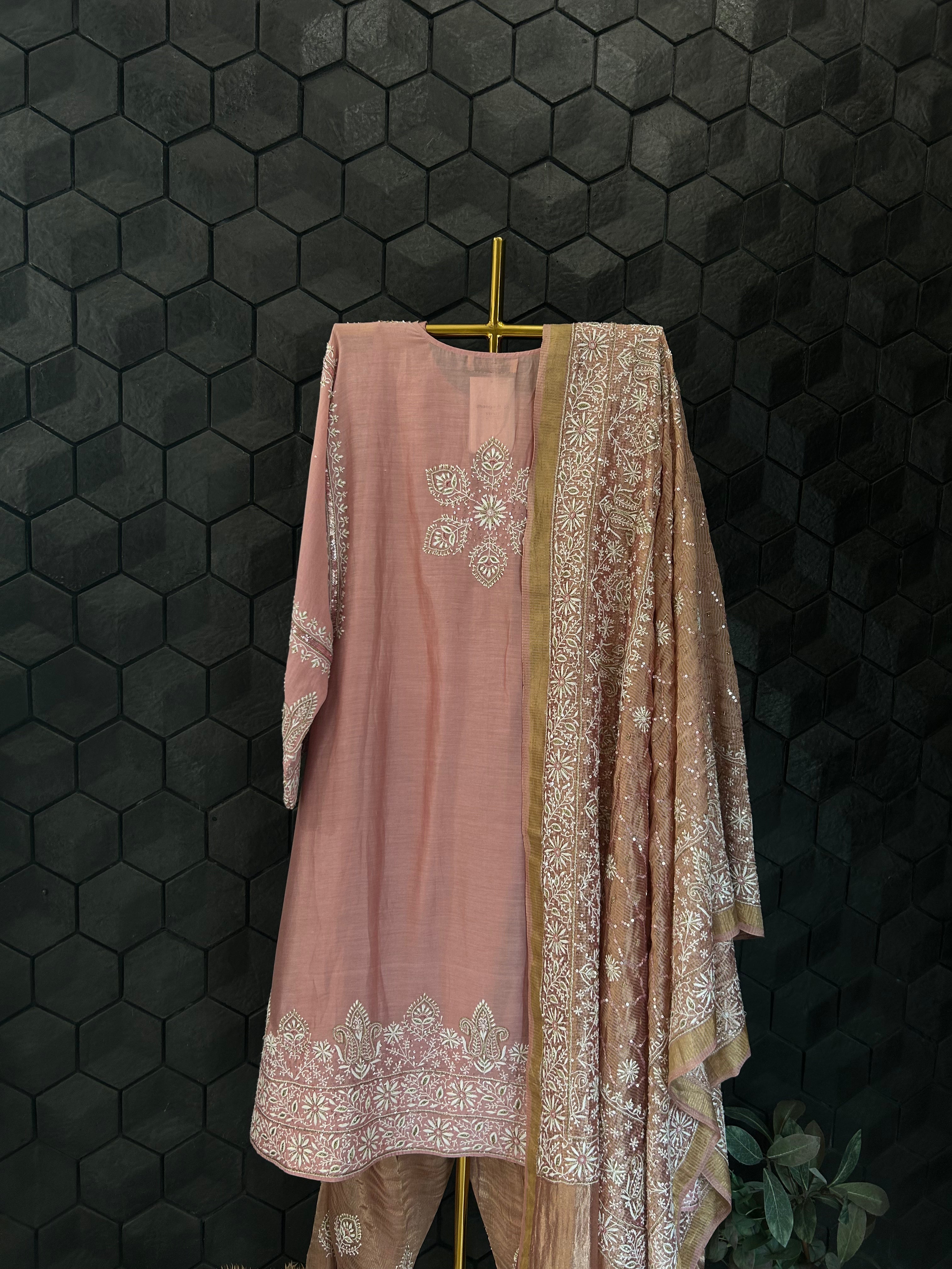 Pink Chanderi Chikankari Anarkali Set