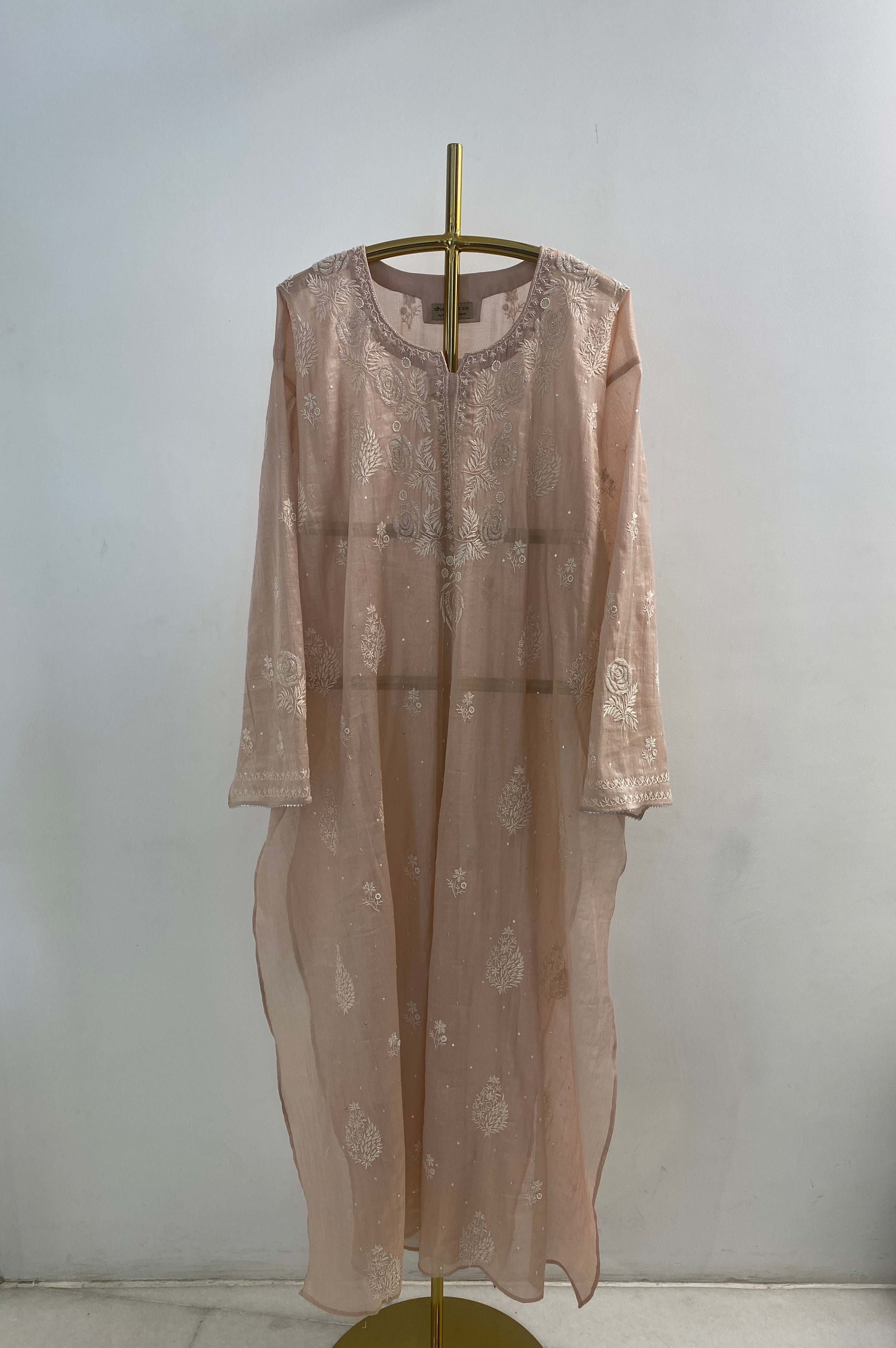 Pink silver tissue chikankari kurta set