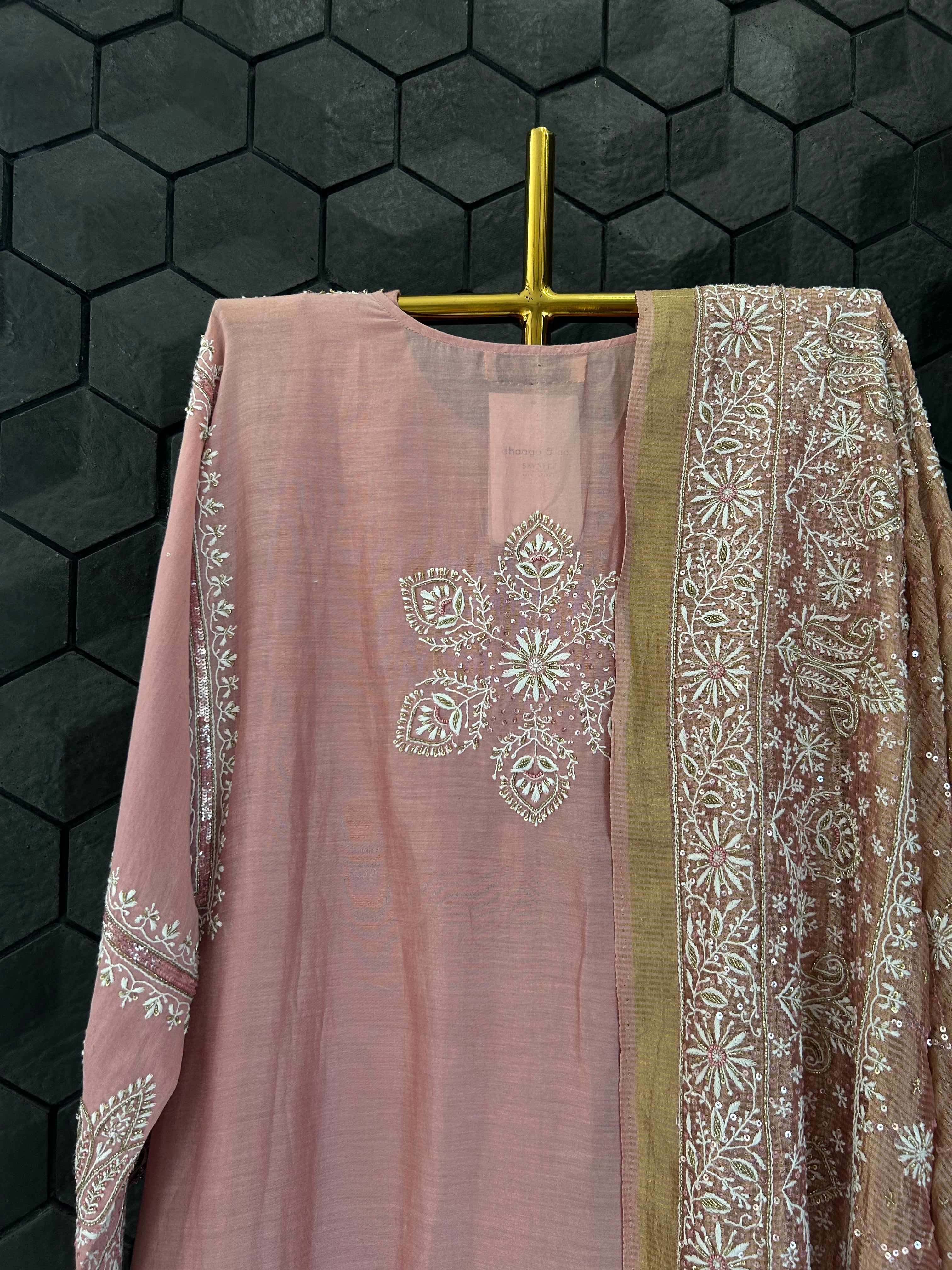 Pink Chanderi Chikankari Anarkali Set
