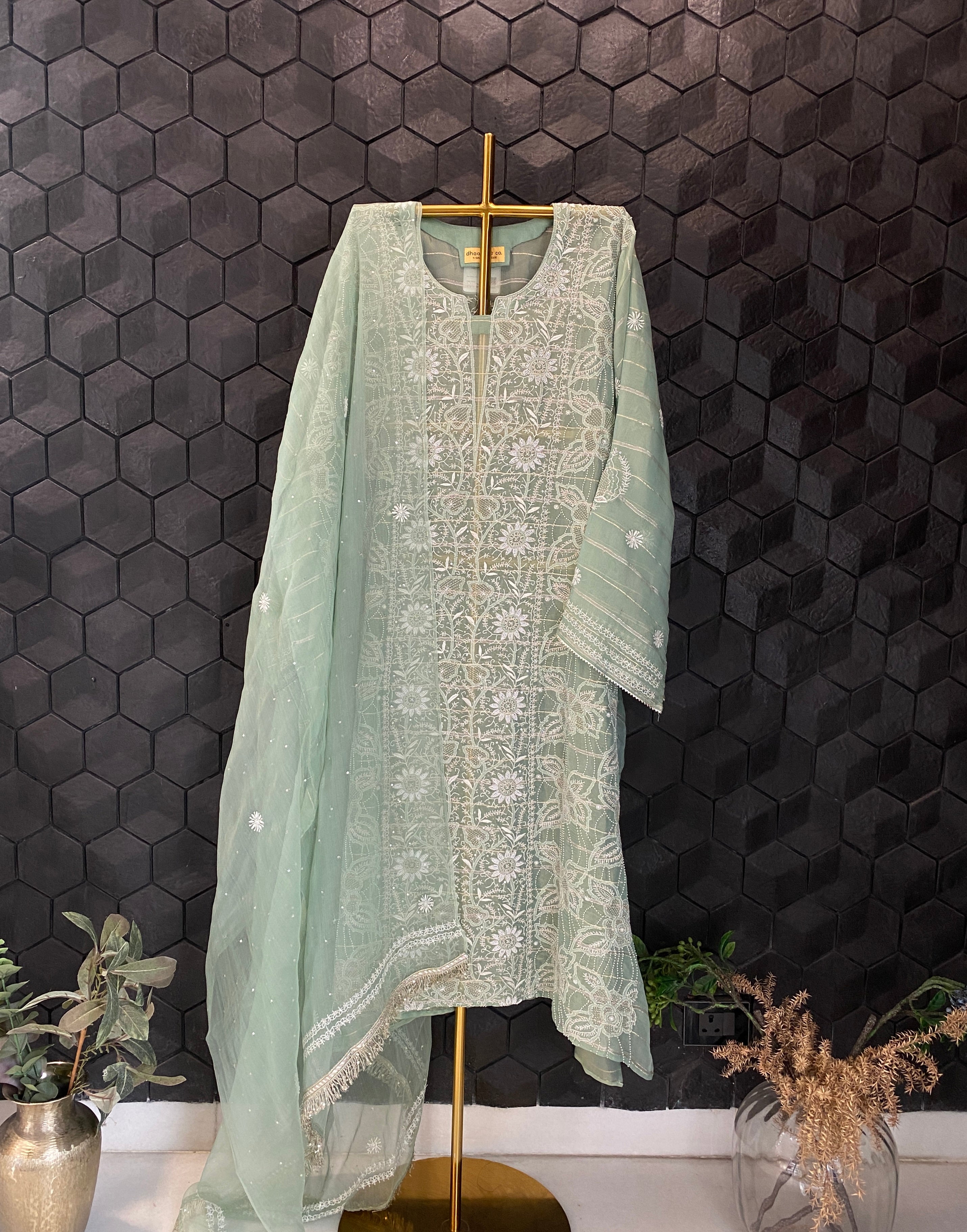 Green Organza Chikankari Suit