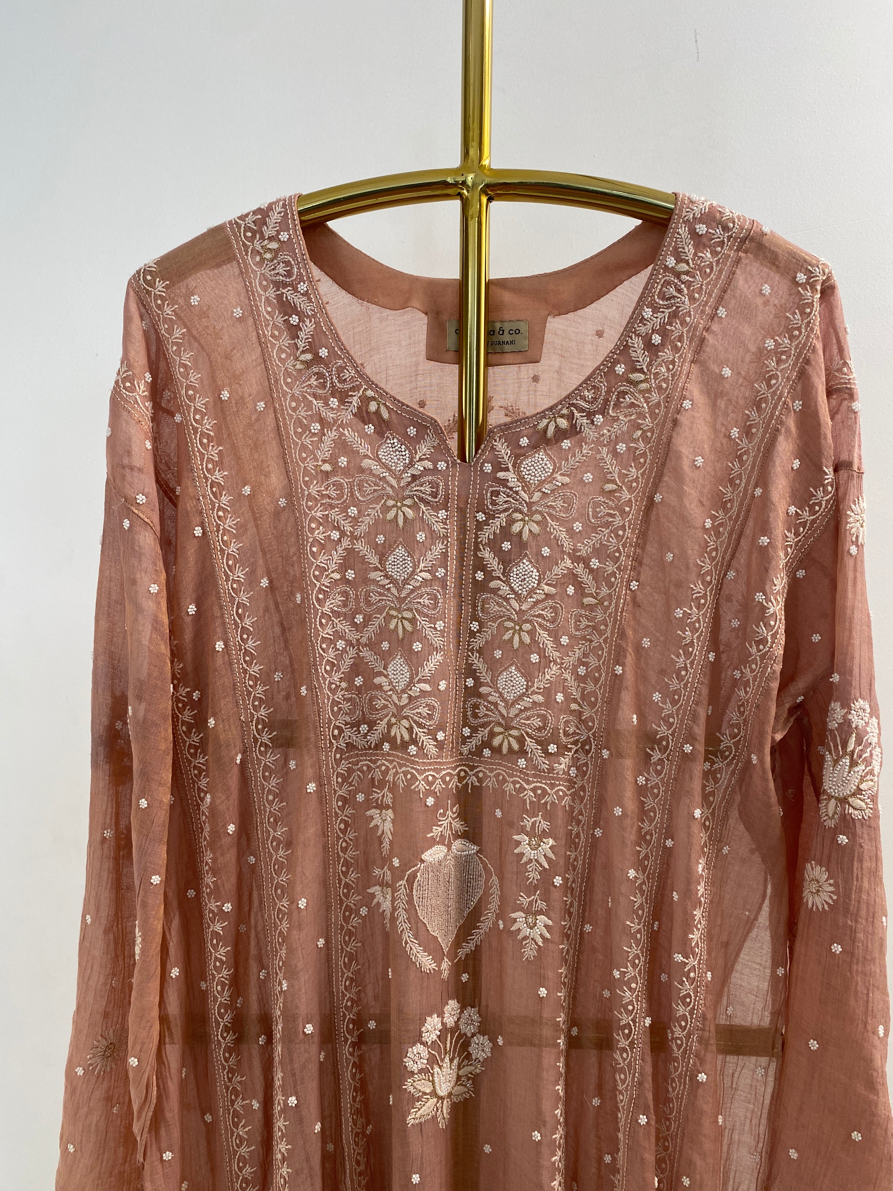 Peach tissue chikankari Anarkali set