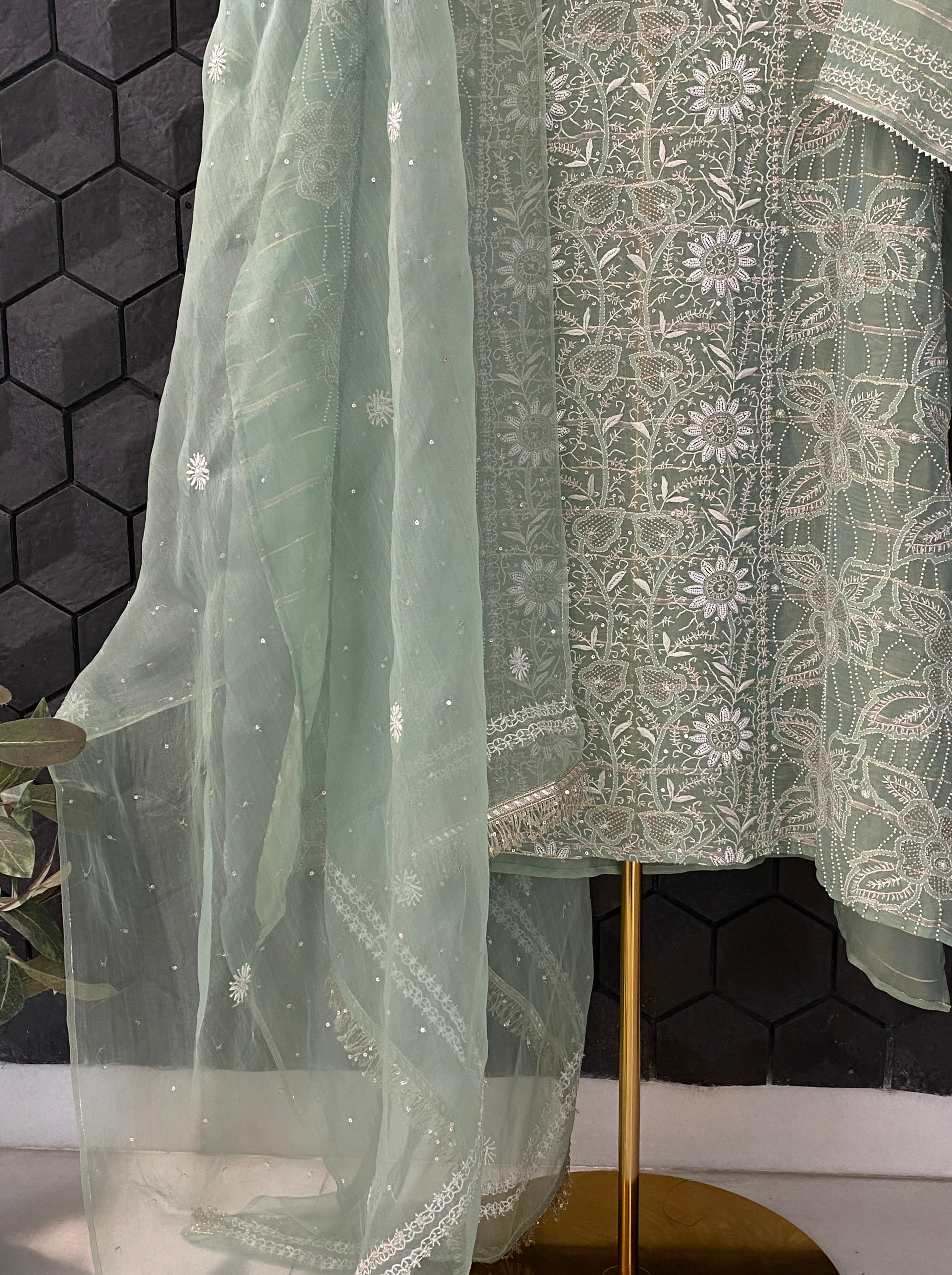 Green Organza Chikankari Suit