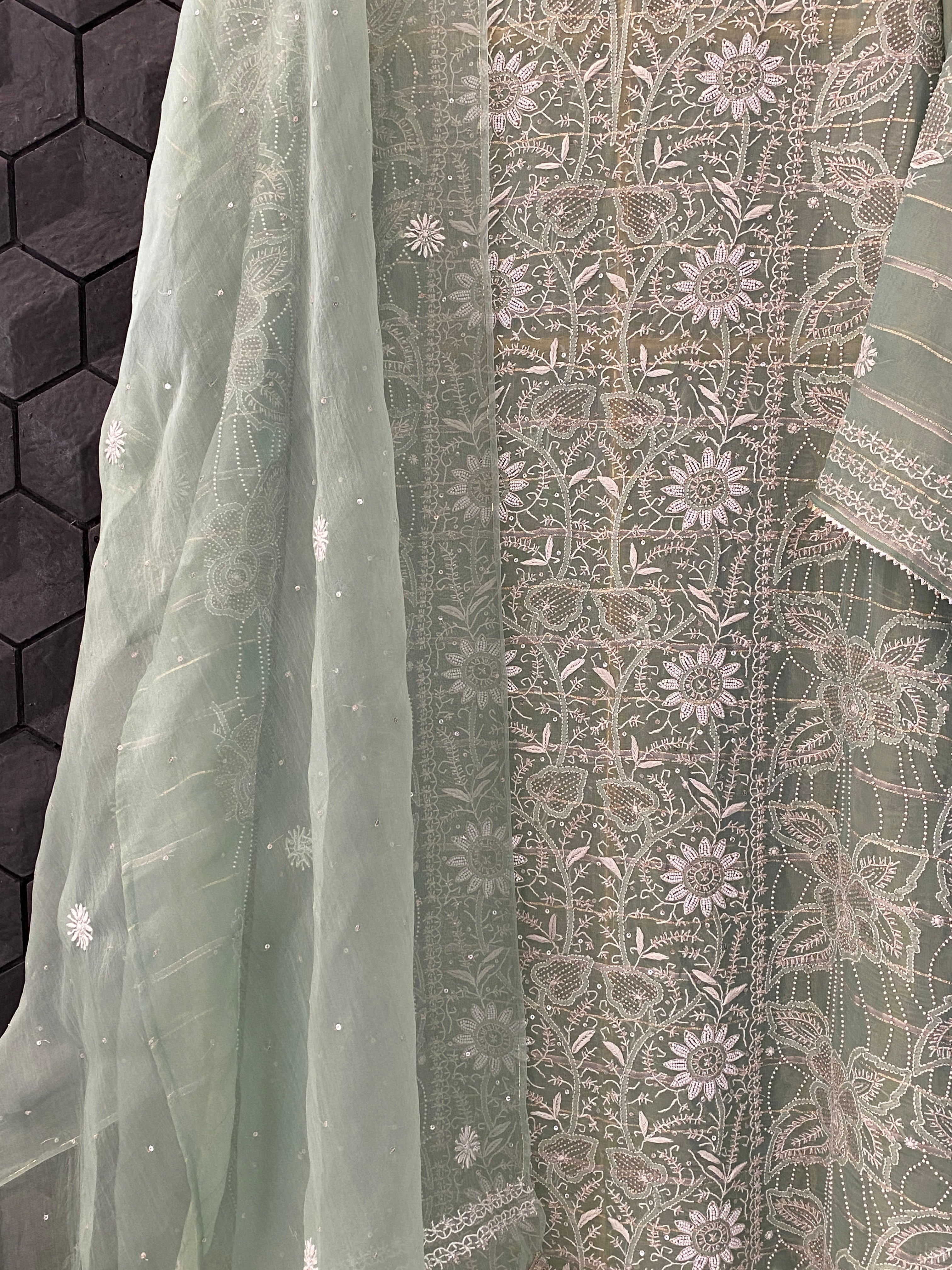 Green Organza Chikankari Suit