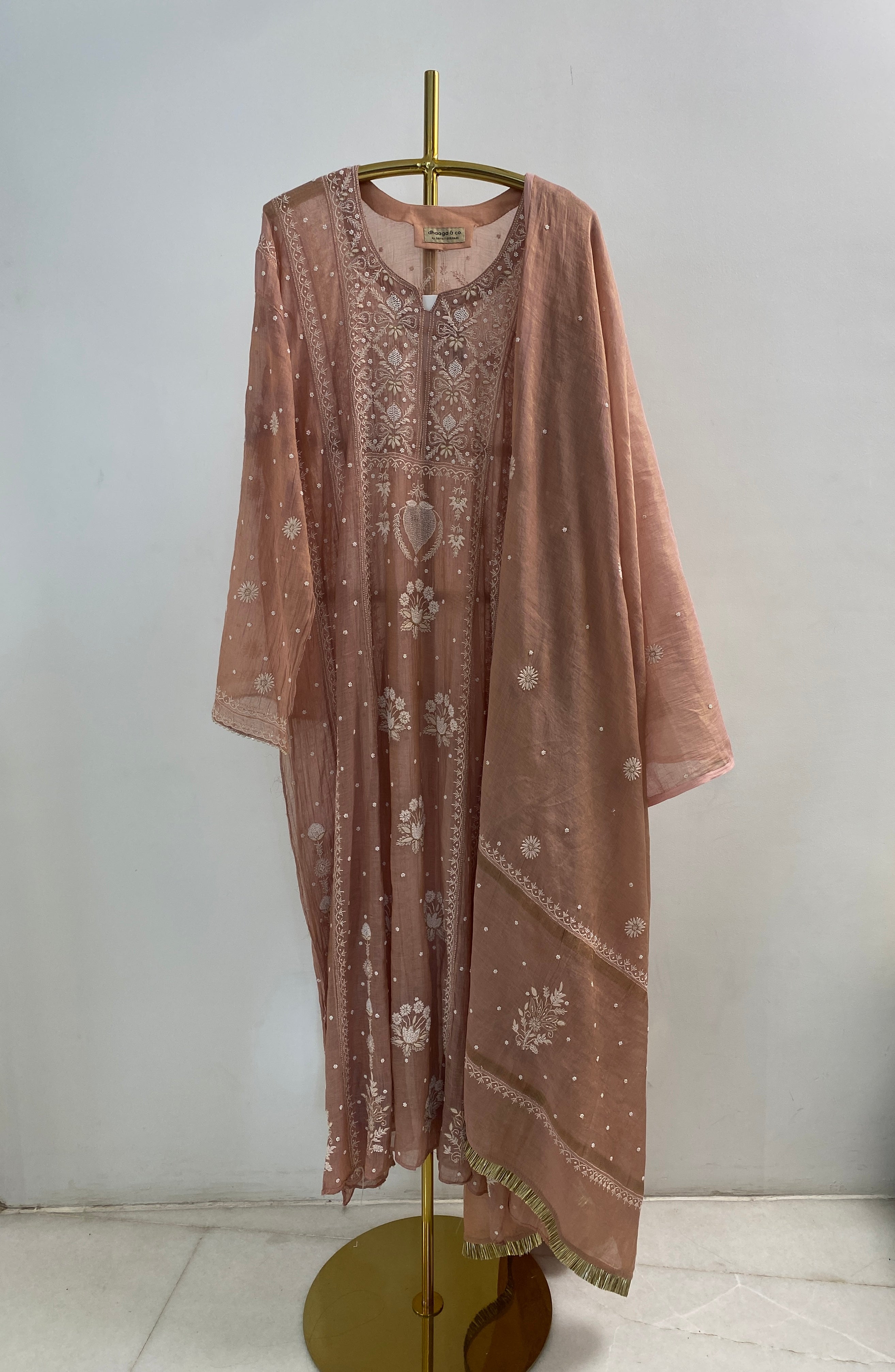 Peach tissue chikankari Anarkali set