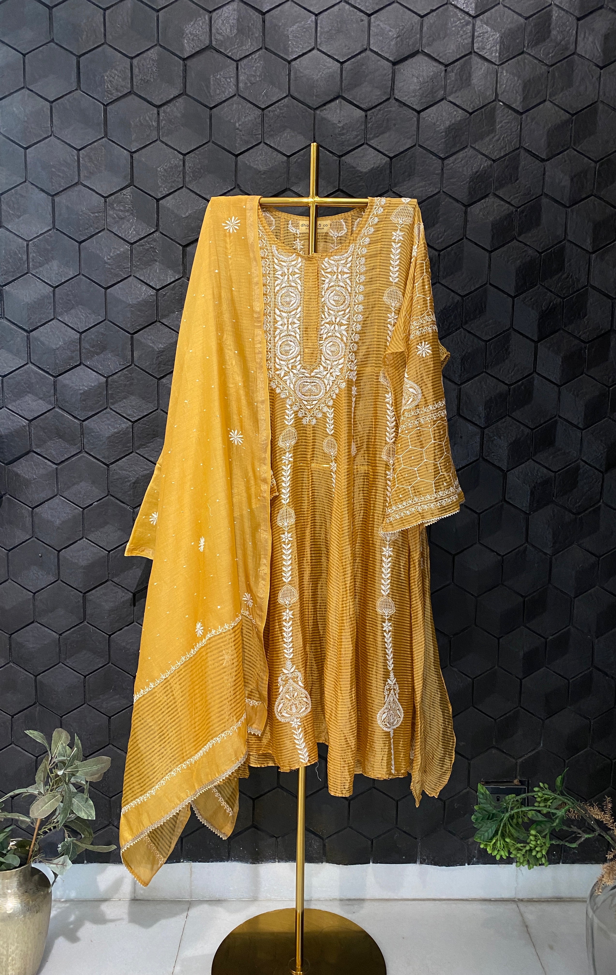 Mustard Striped Tissue Chikankari Anarkali Set