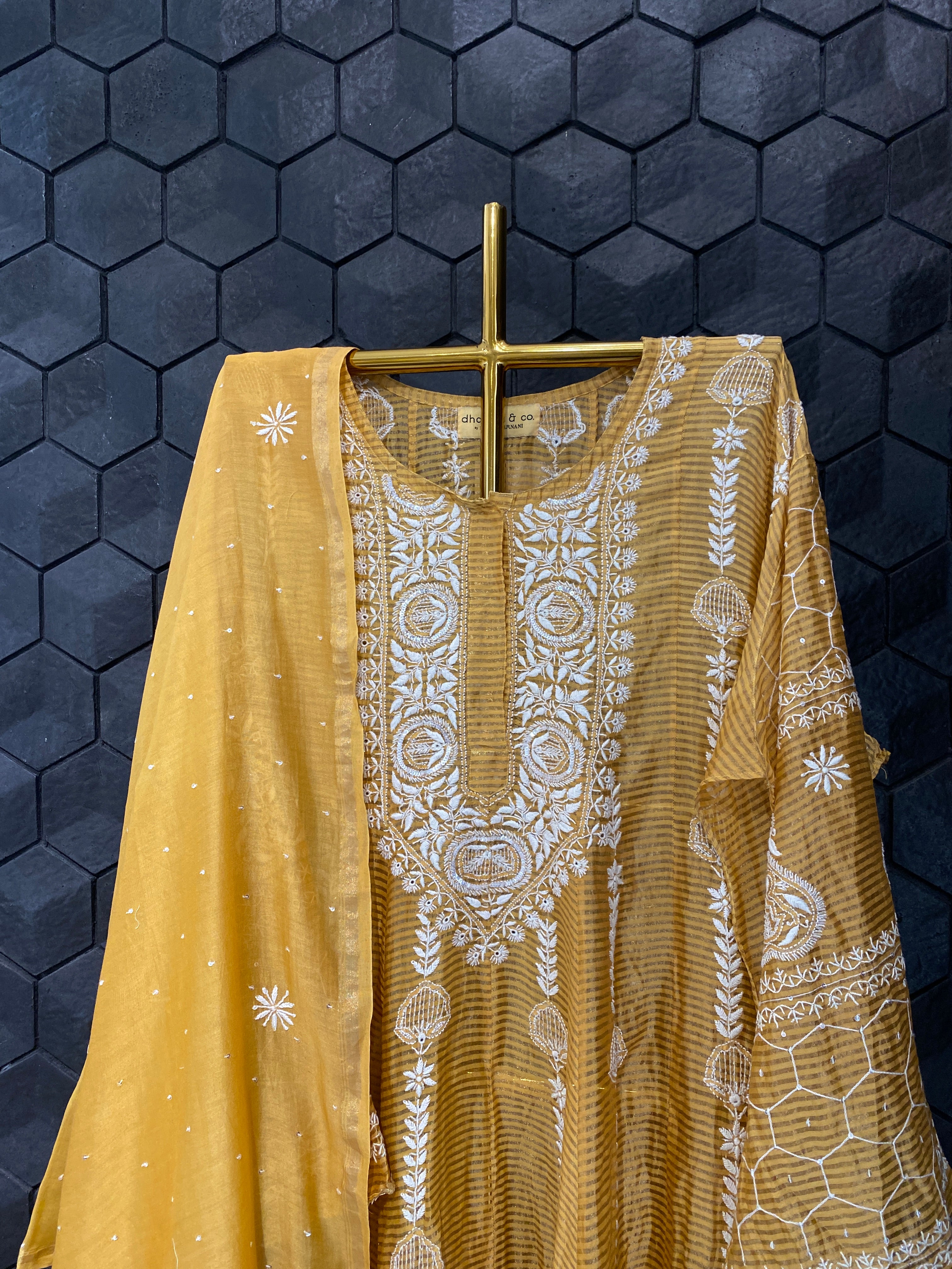 Mustard Striped Tissue Chikankari Anarkali Set