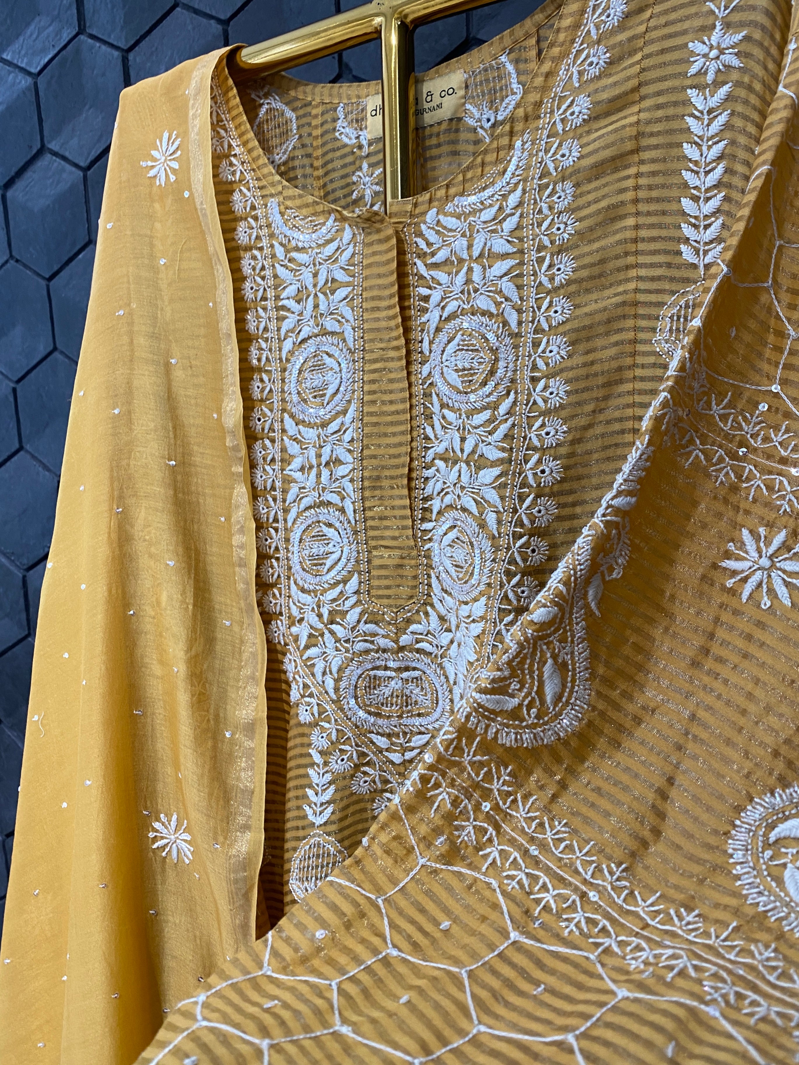 Mustard Striped Tissue Chikankari Anarkali Set