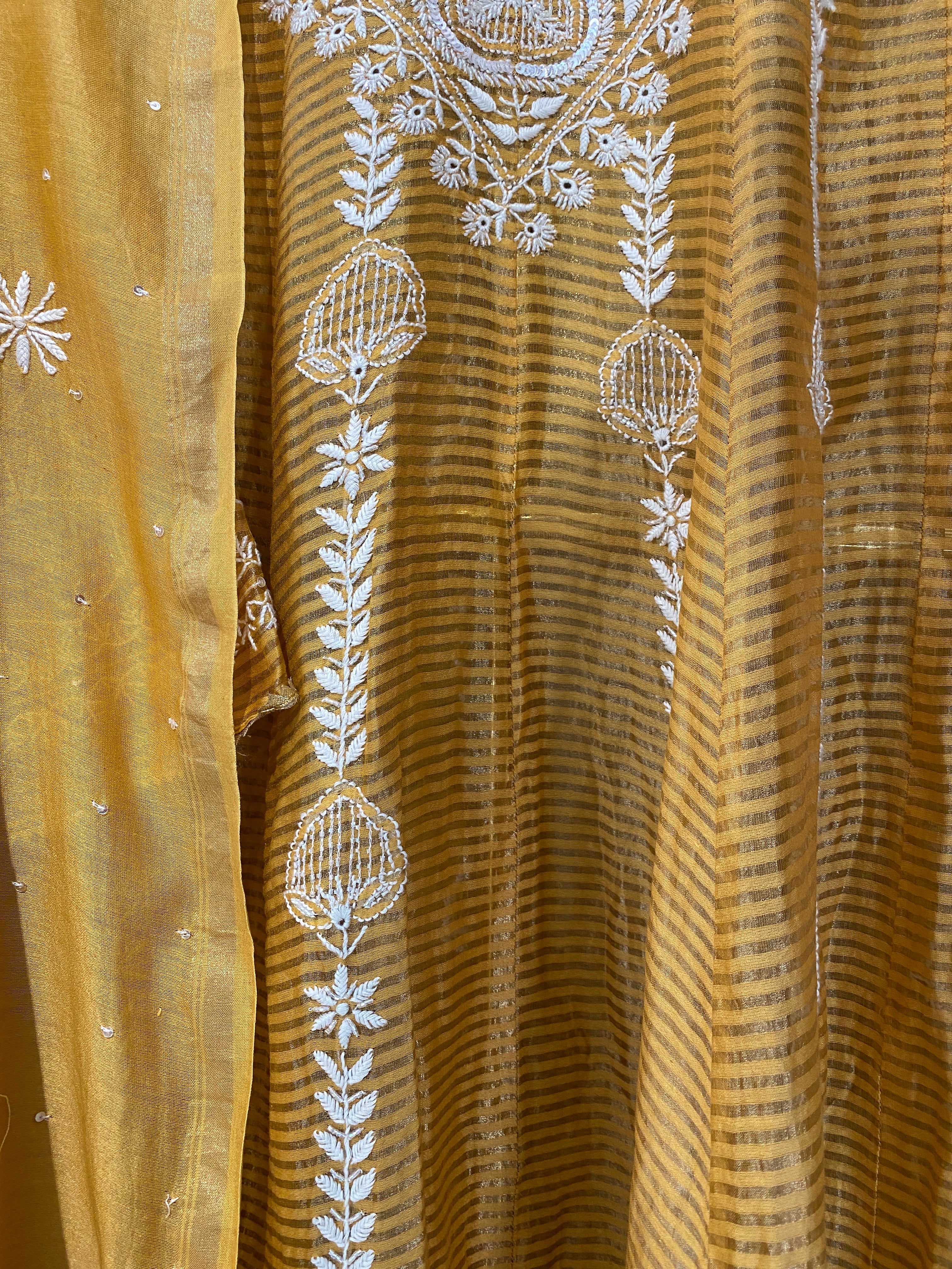 Mustard Striped Tissue Chikankari Anarkali Set