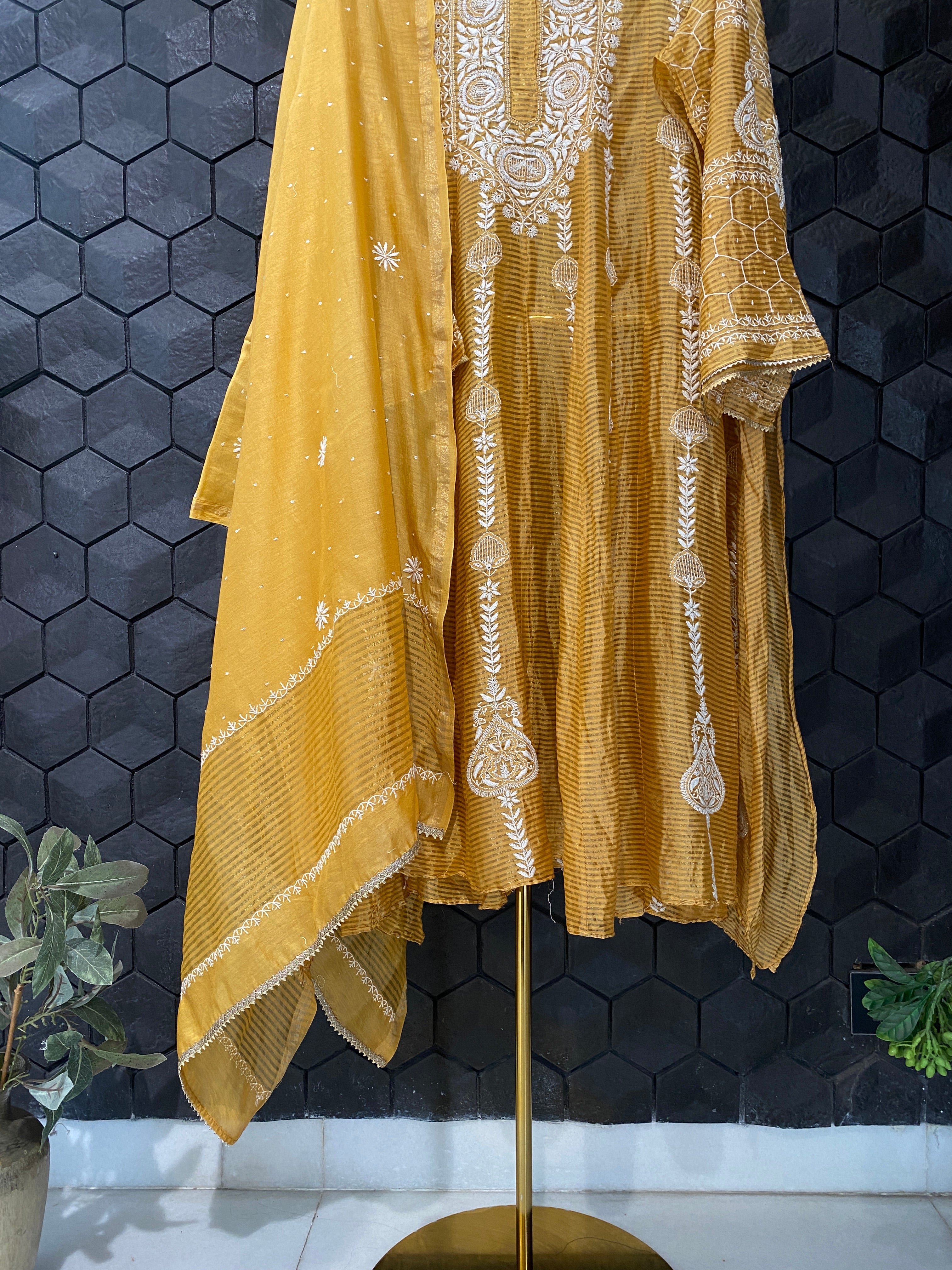 Mustard Striped Tissue Chikankari Anarkali Set