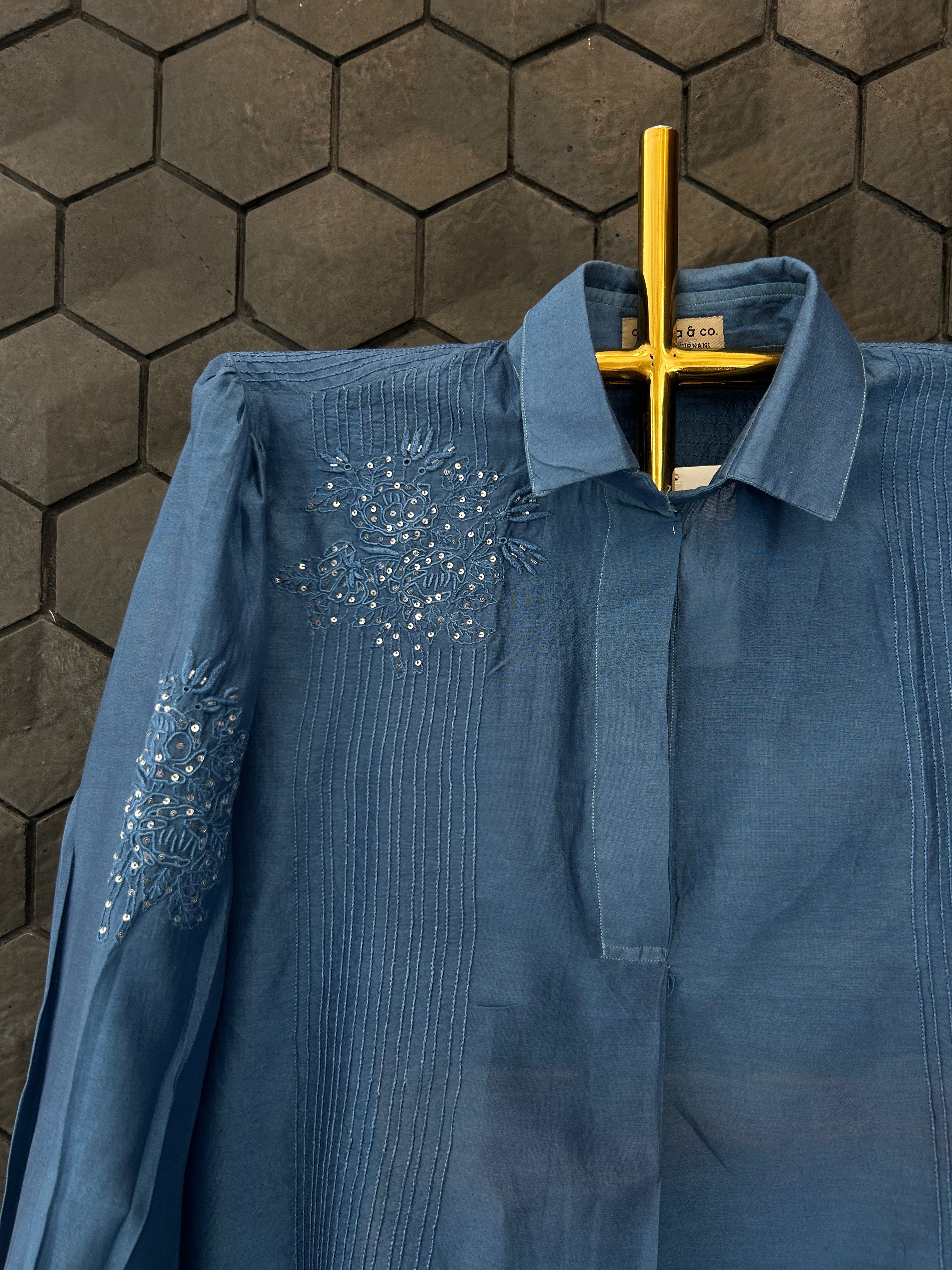 Blue Chanderi Chikankari Shirt