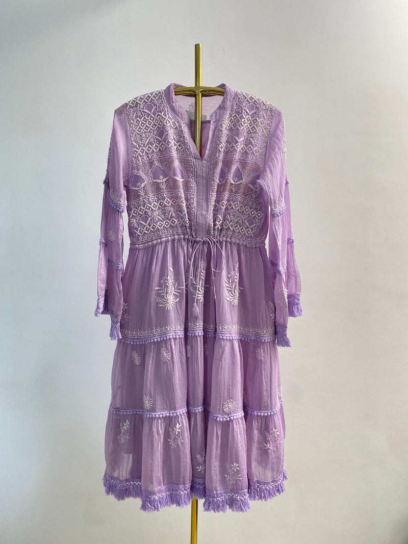 Lavender Mul Chanderi Chikankari Dress