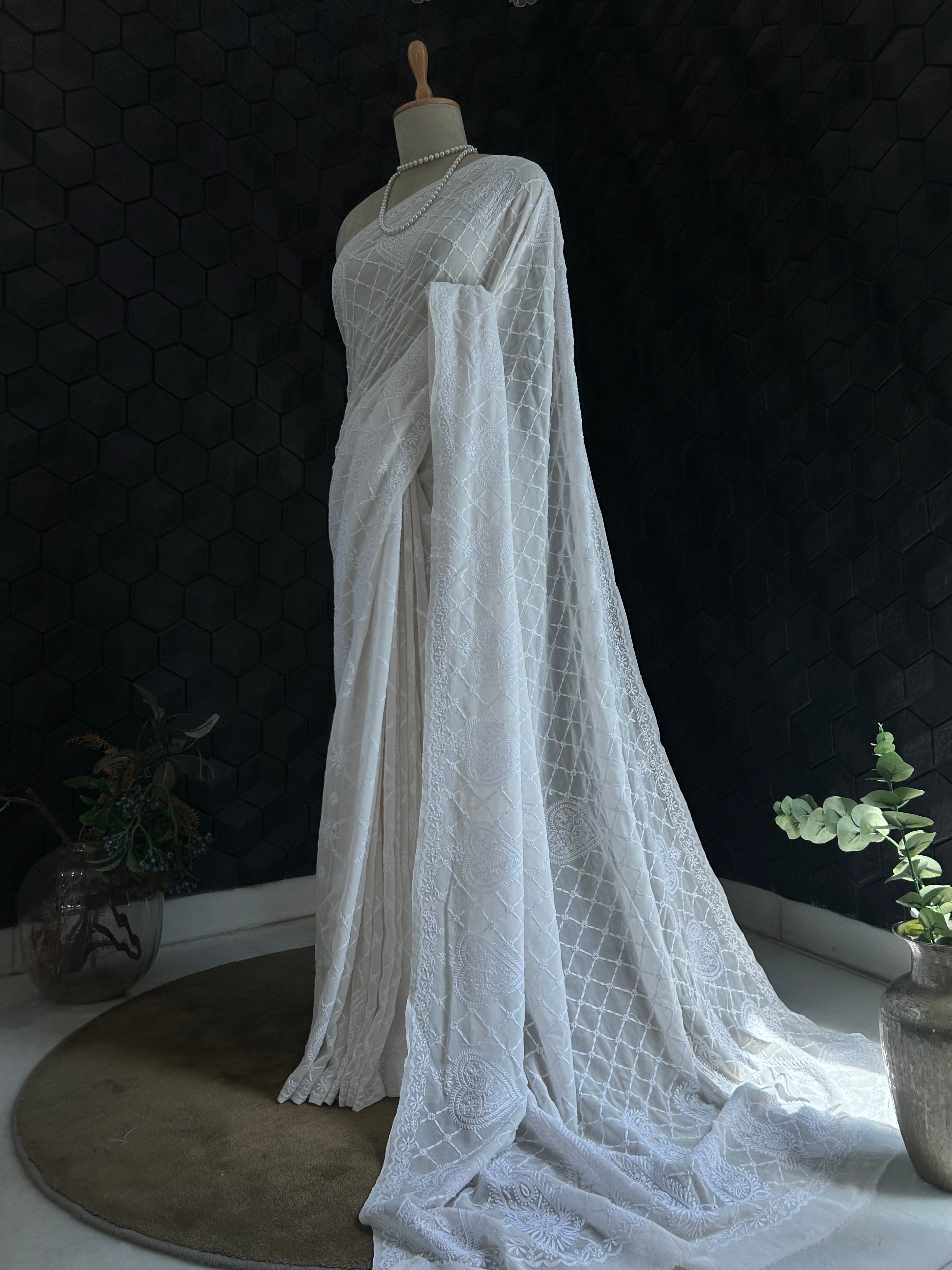 Premium White Georgette Chikankari Saree