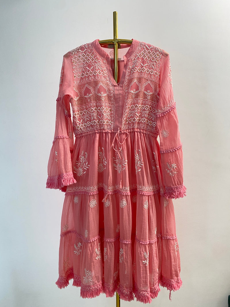 Pink Mul Chanderi Chikankari Dress
