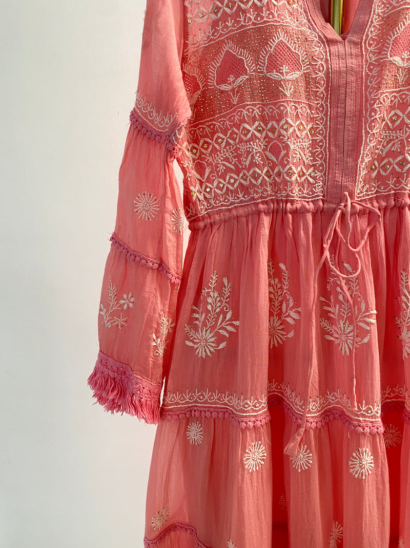 Pink Mul Chanderi Chikankari Dress
