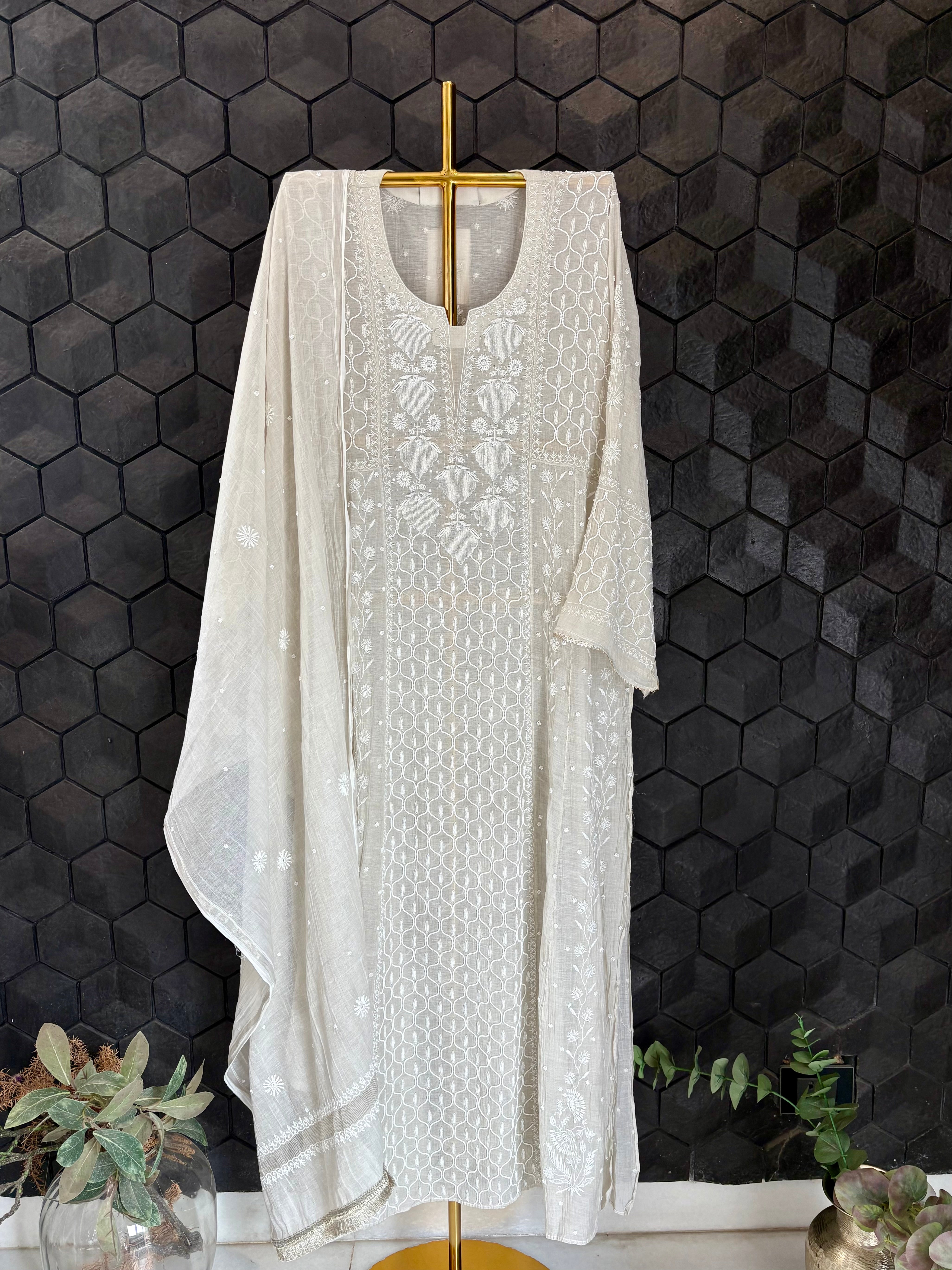 Silver Tissue Chikankari Kurta Set