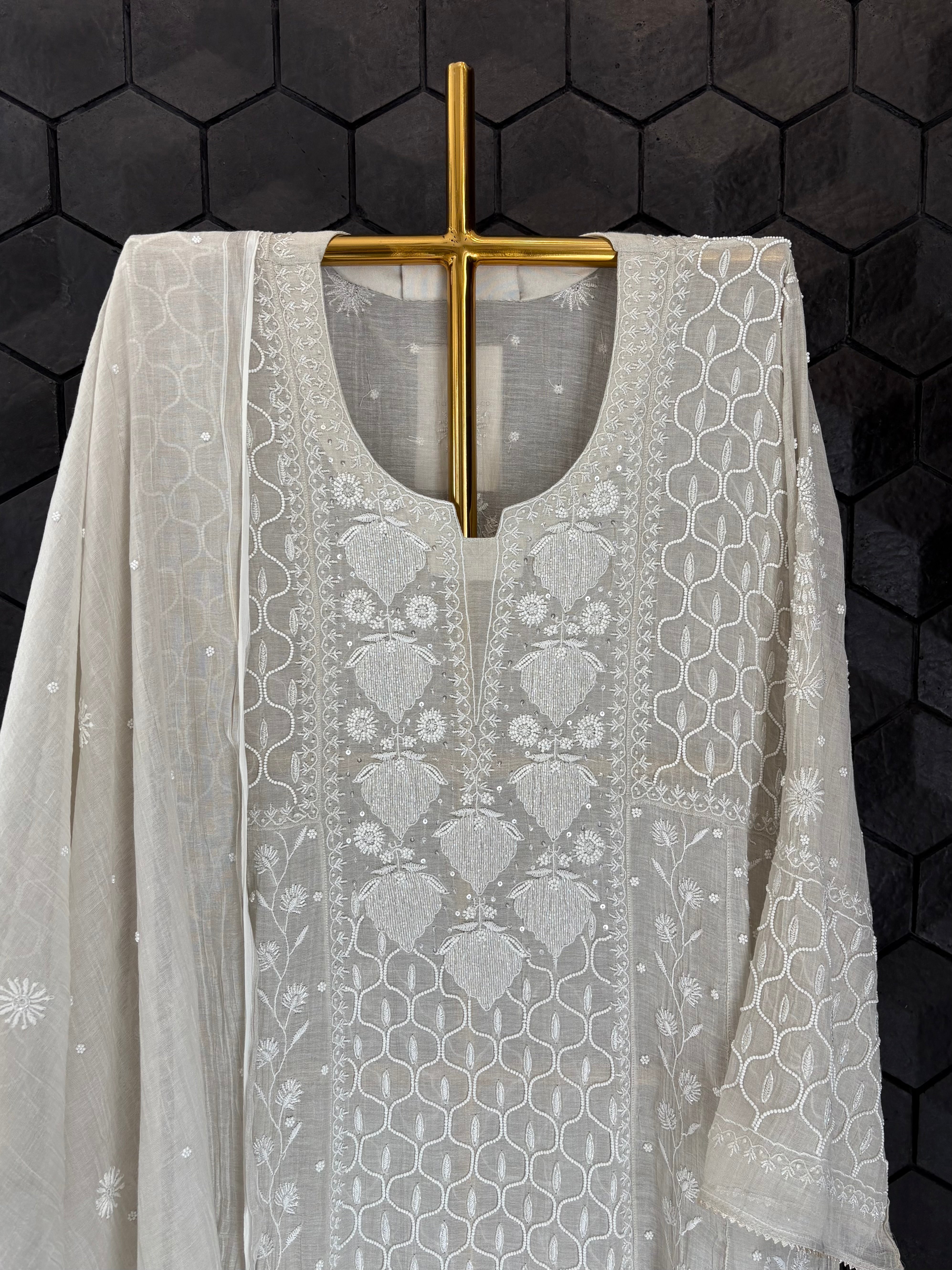 Silver Tissue Chikankari Kurta Set
