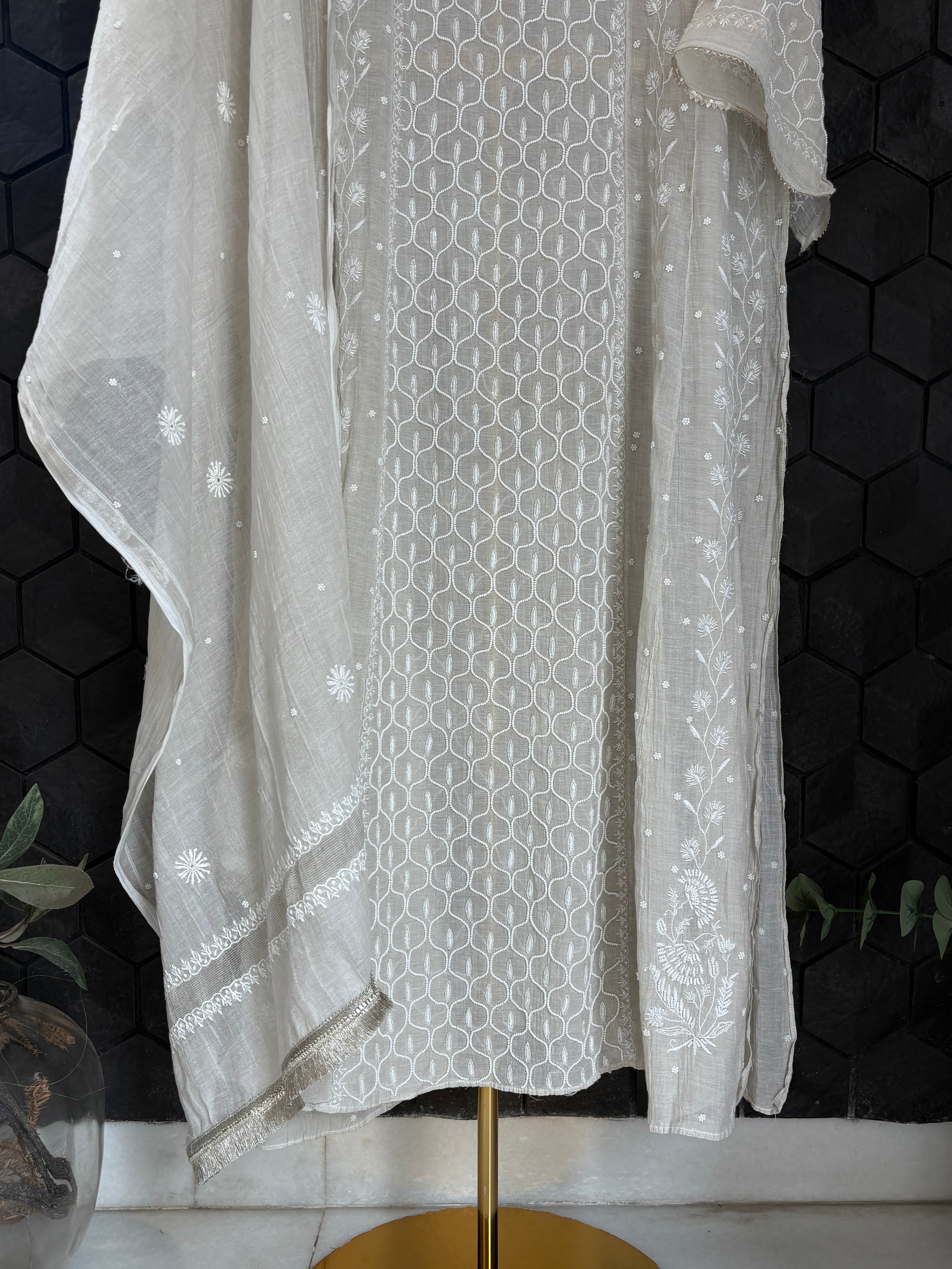 Silver Tissue Chikankari Kurta Set
