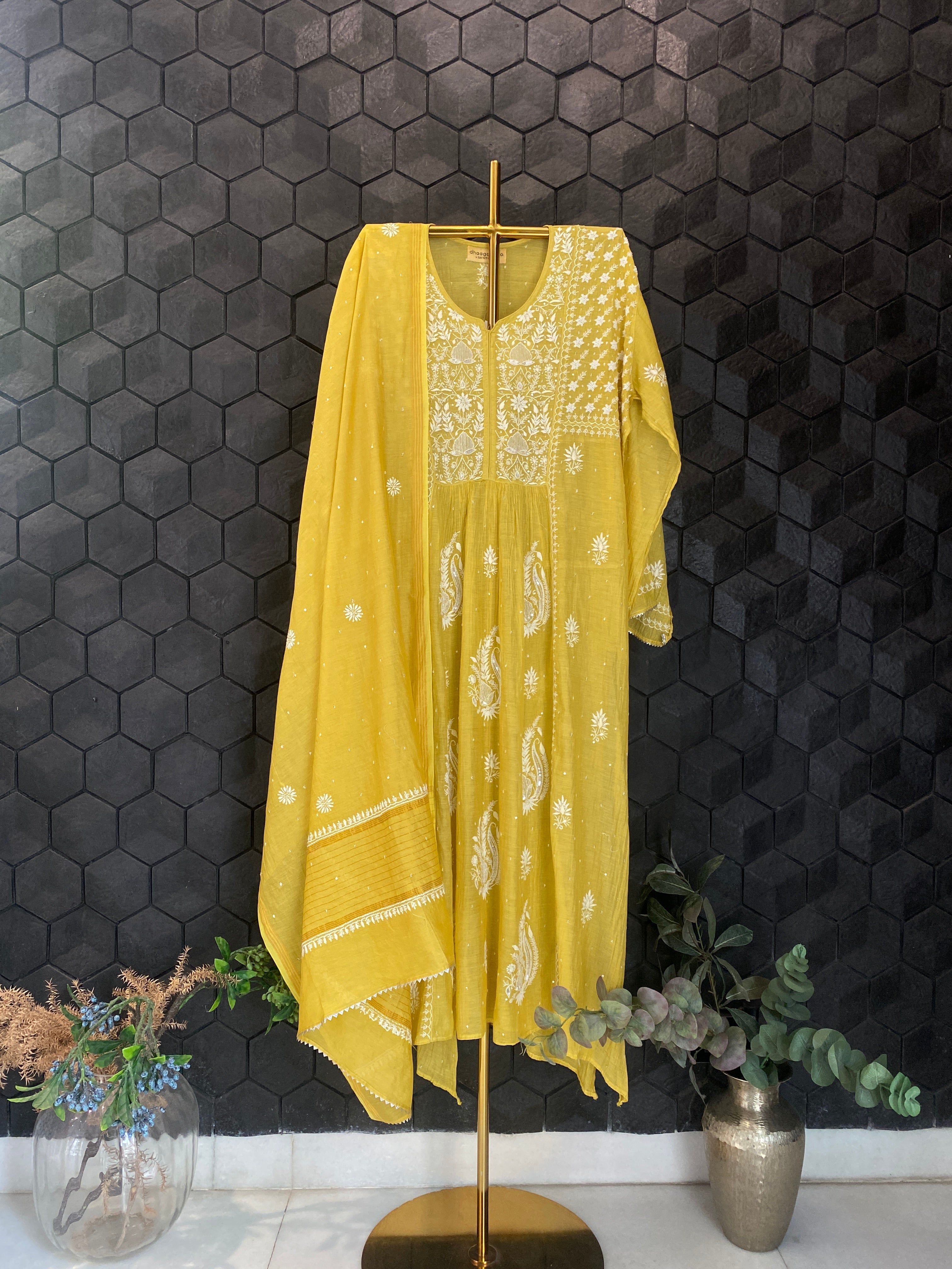 Yellow Tissue Chikankari Kurta Set