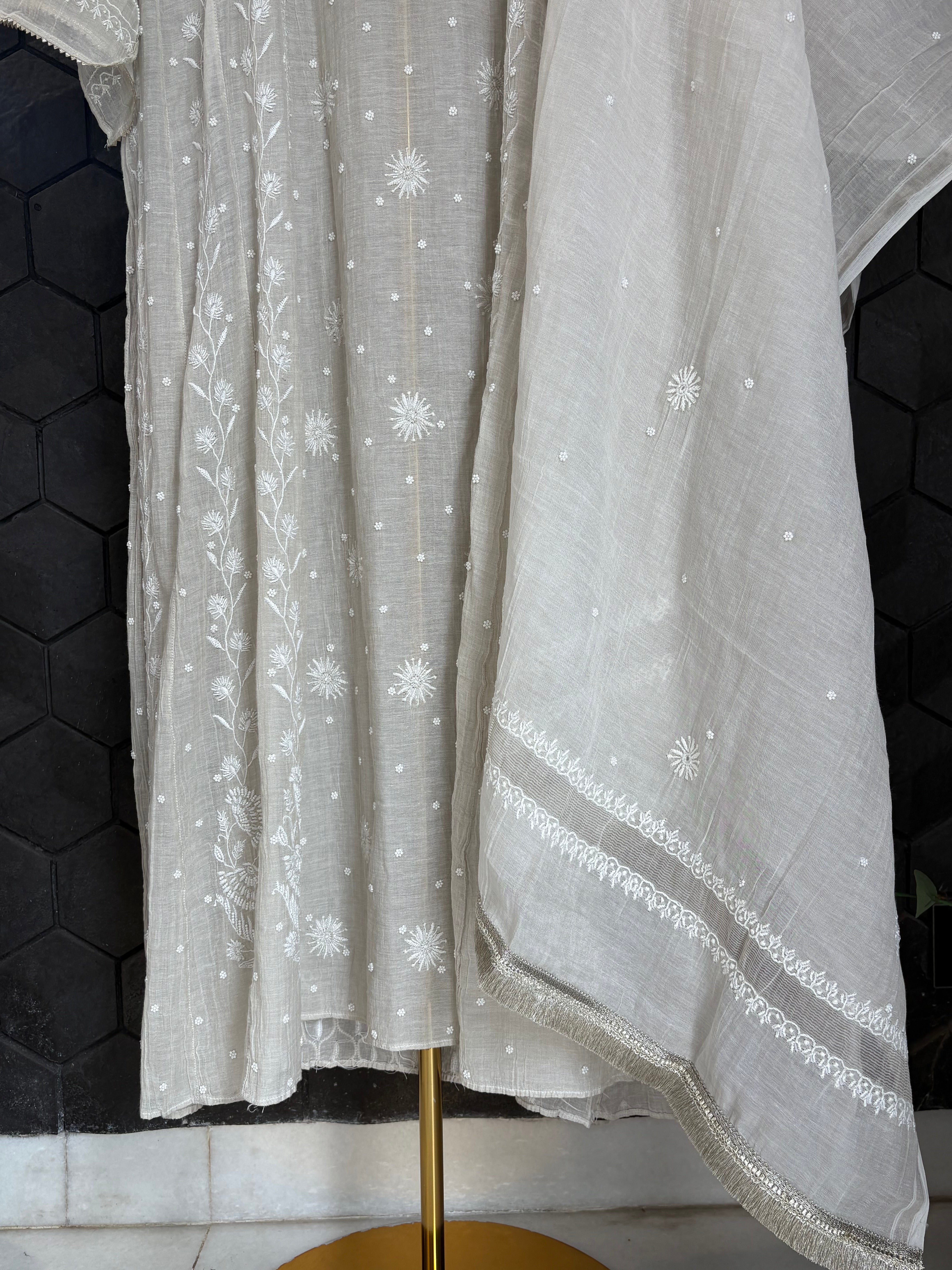Silver Tissue Chikankari Kurta Set