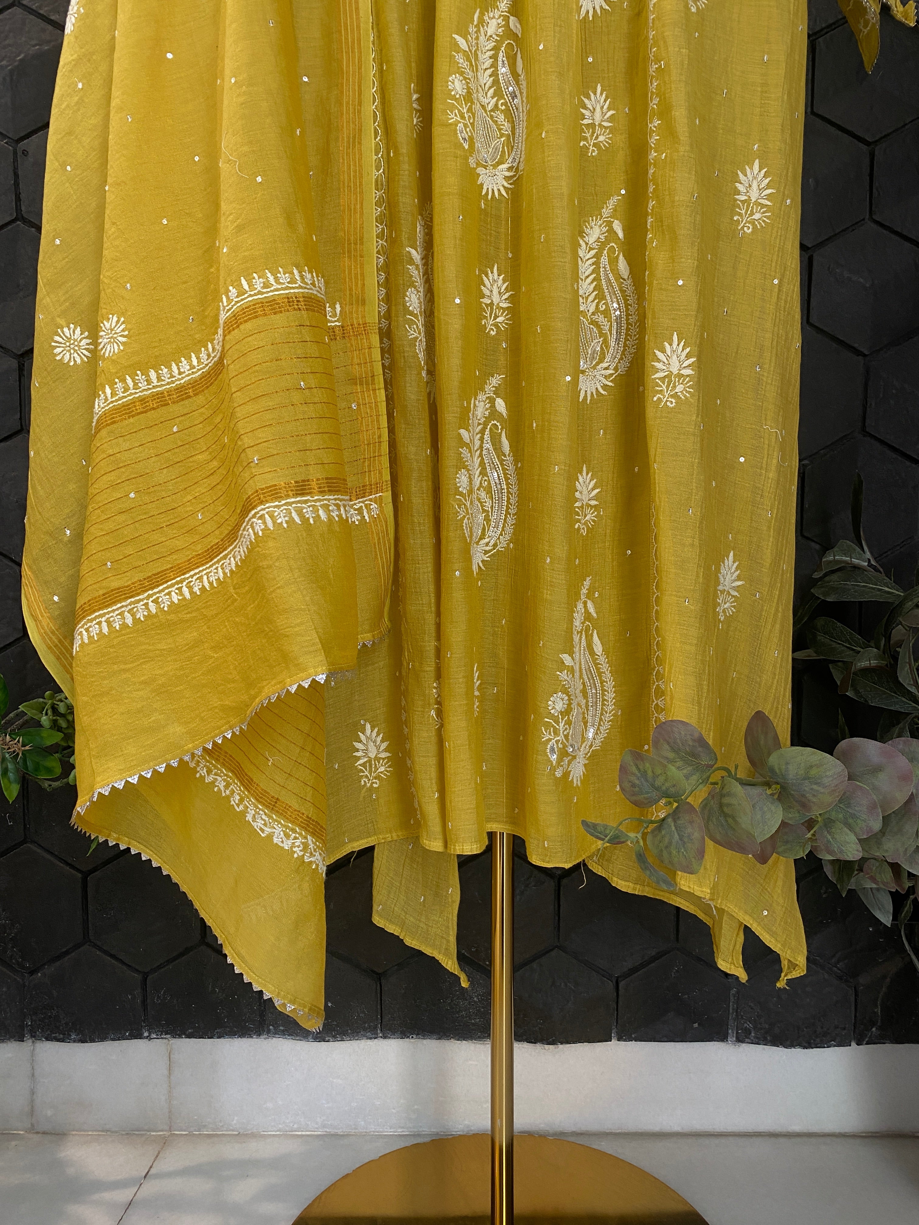 Yellow Tissue Chikankari Kurta Set