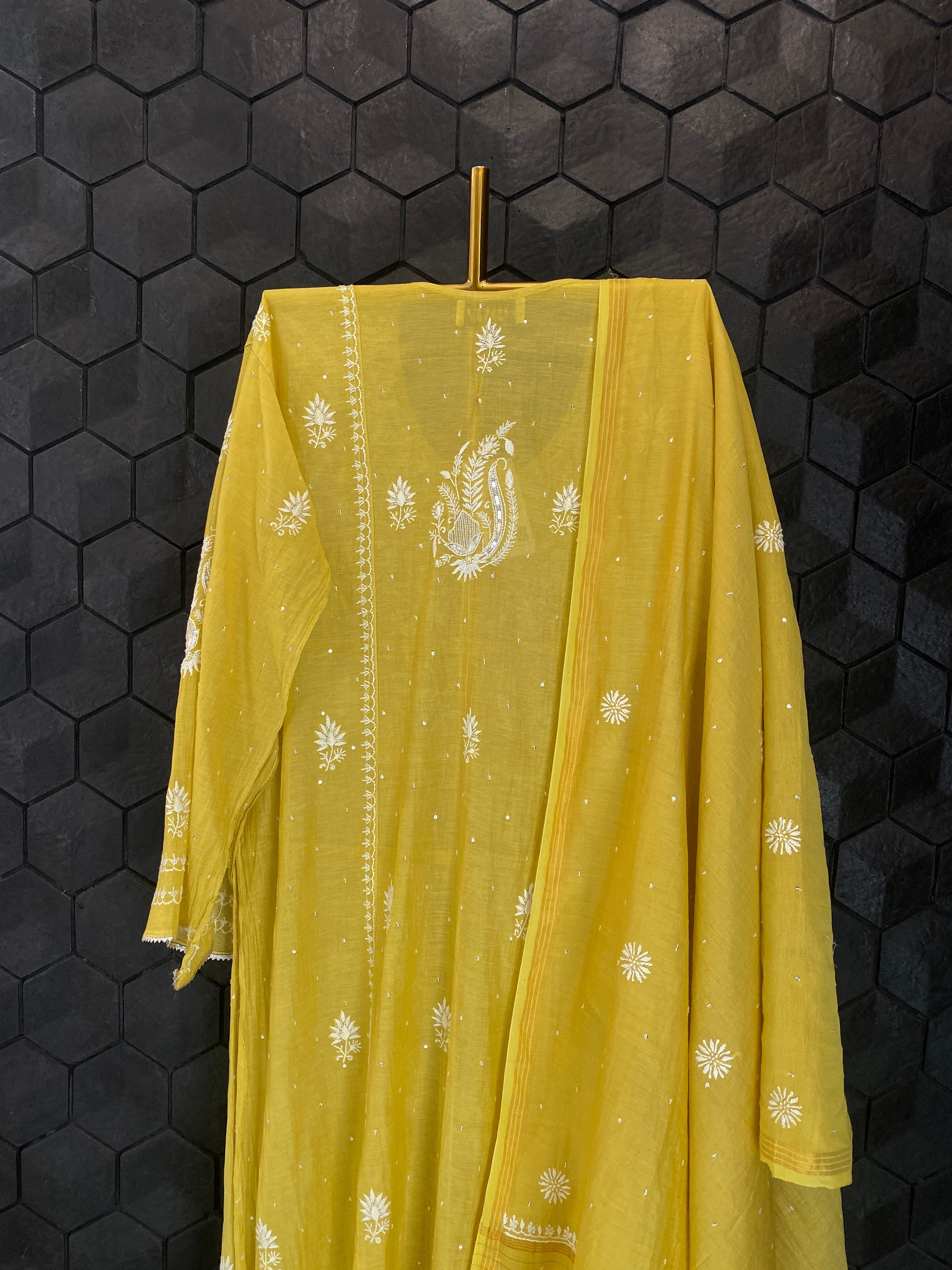 Yellow Tissue Chikankari Kurta Set