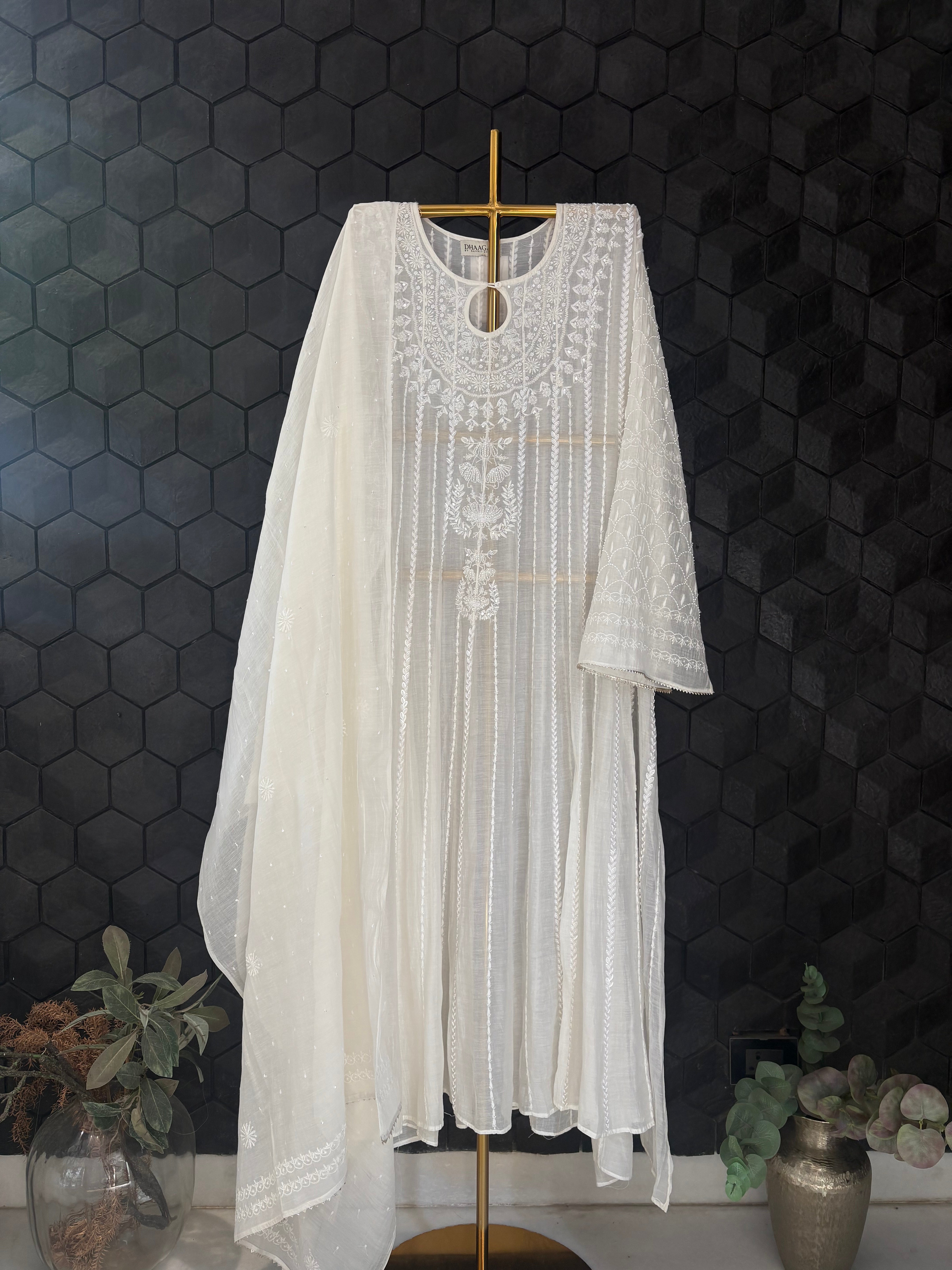 White Mul Chanderi Anarkali Set
