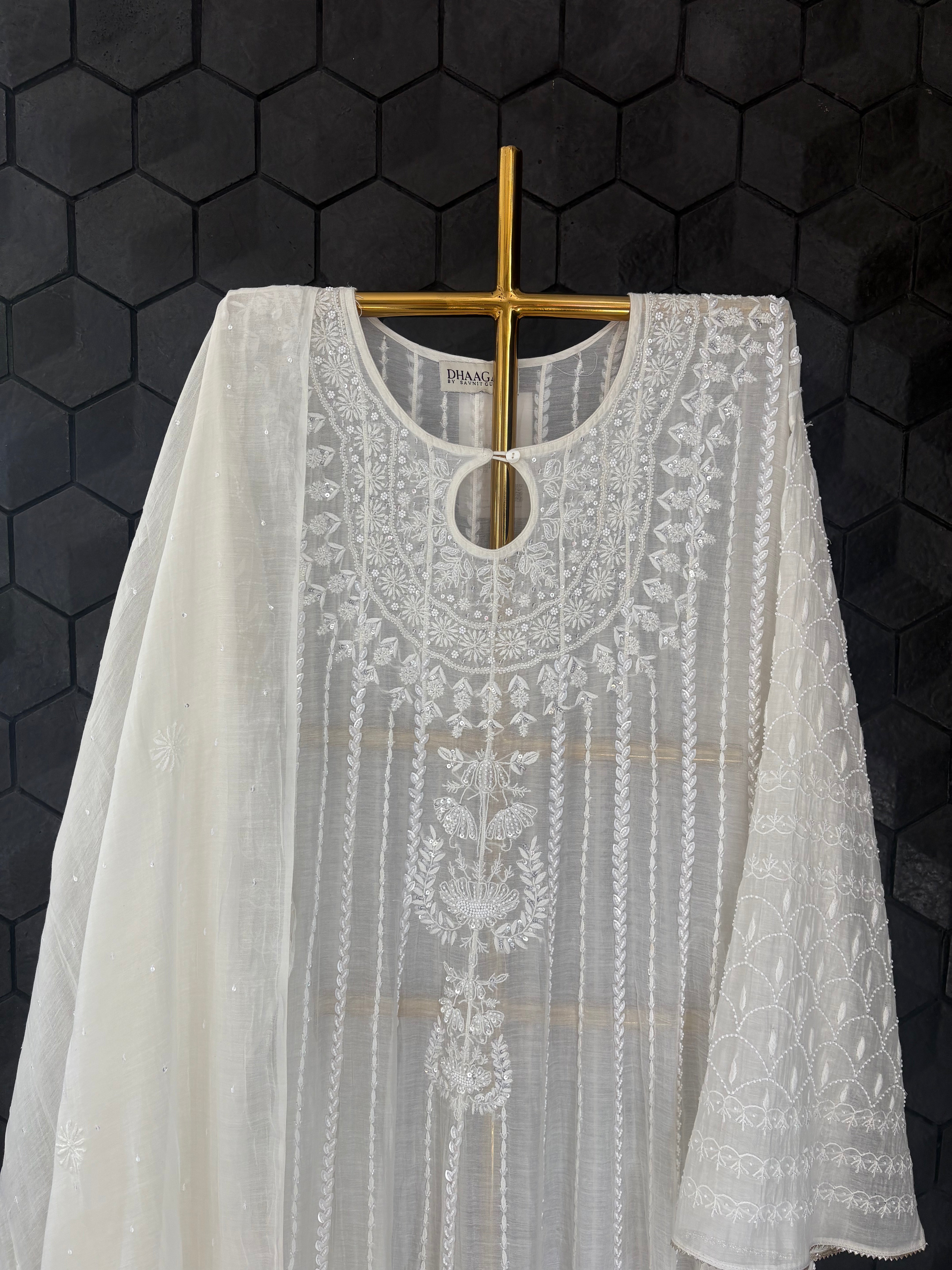 White Mul Chanderi Anarkali Set