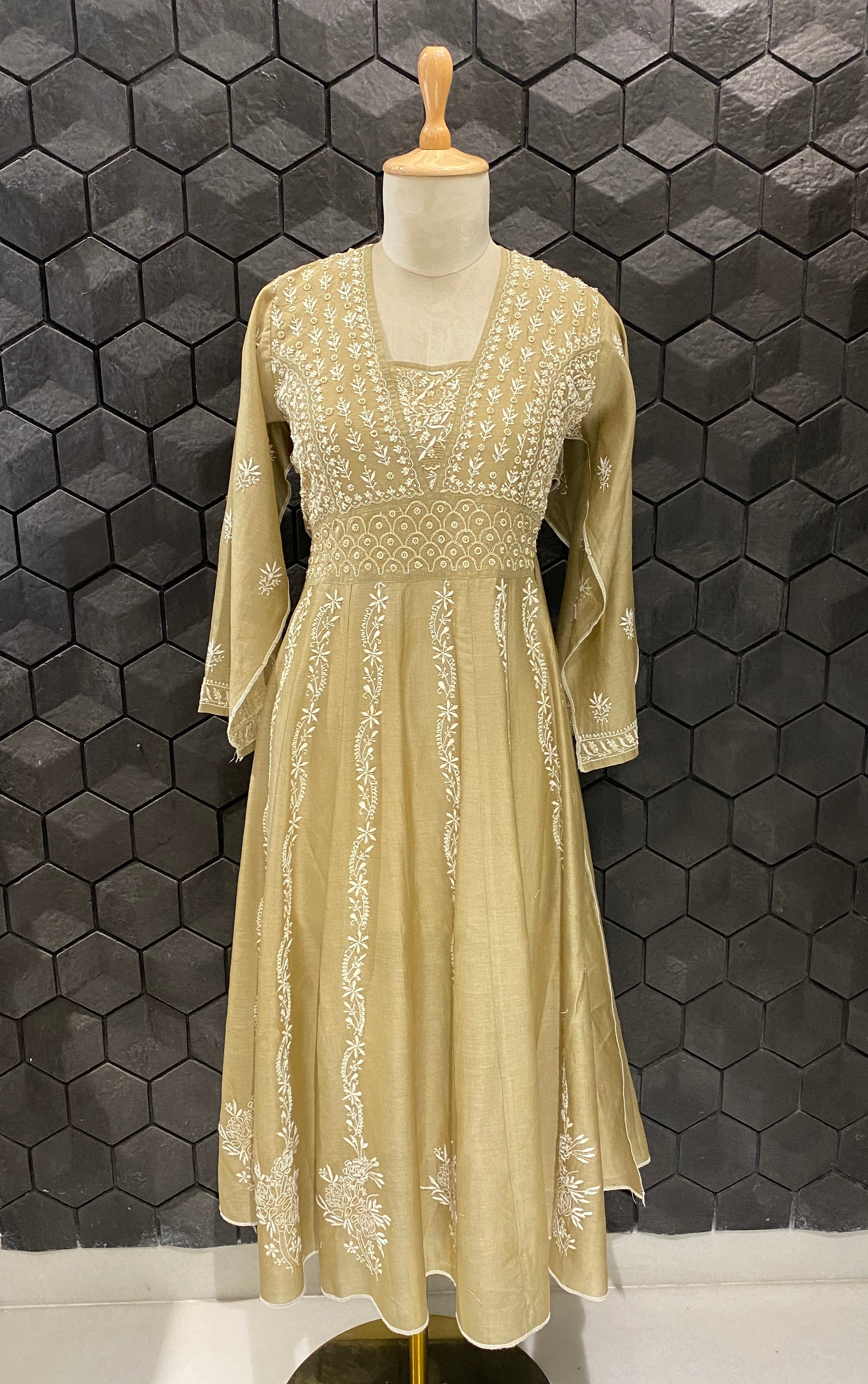 Olive green tissue chikankari Anarkali set