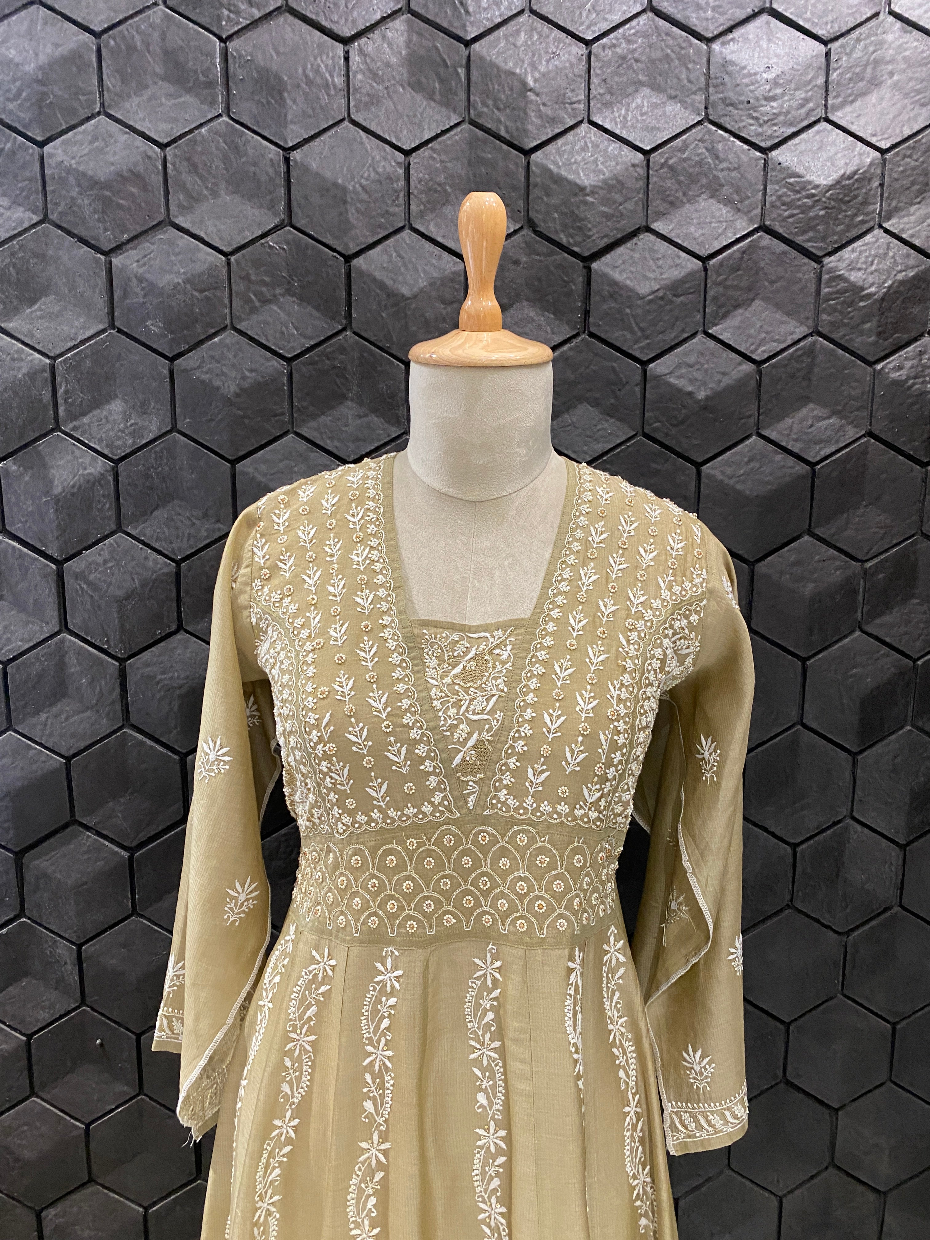 Olive green tissue chikankari Anarkali set