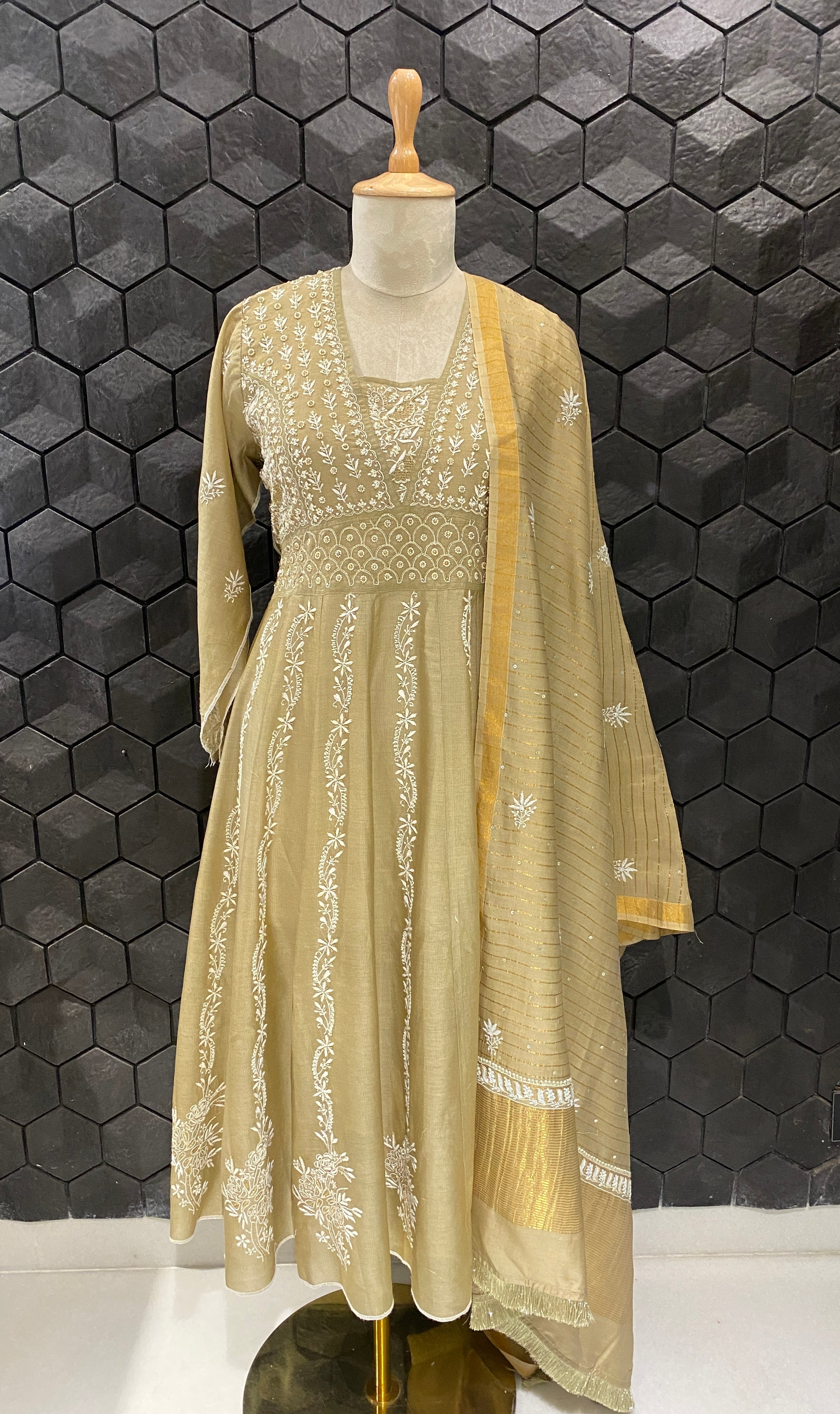 Olive green tissue chikankari Anarkali set