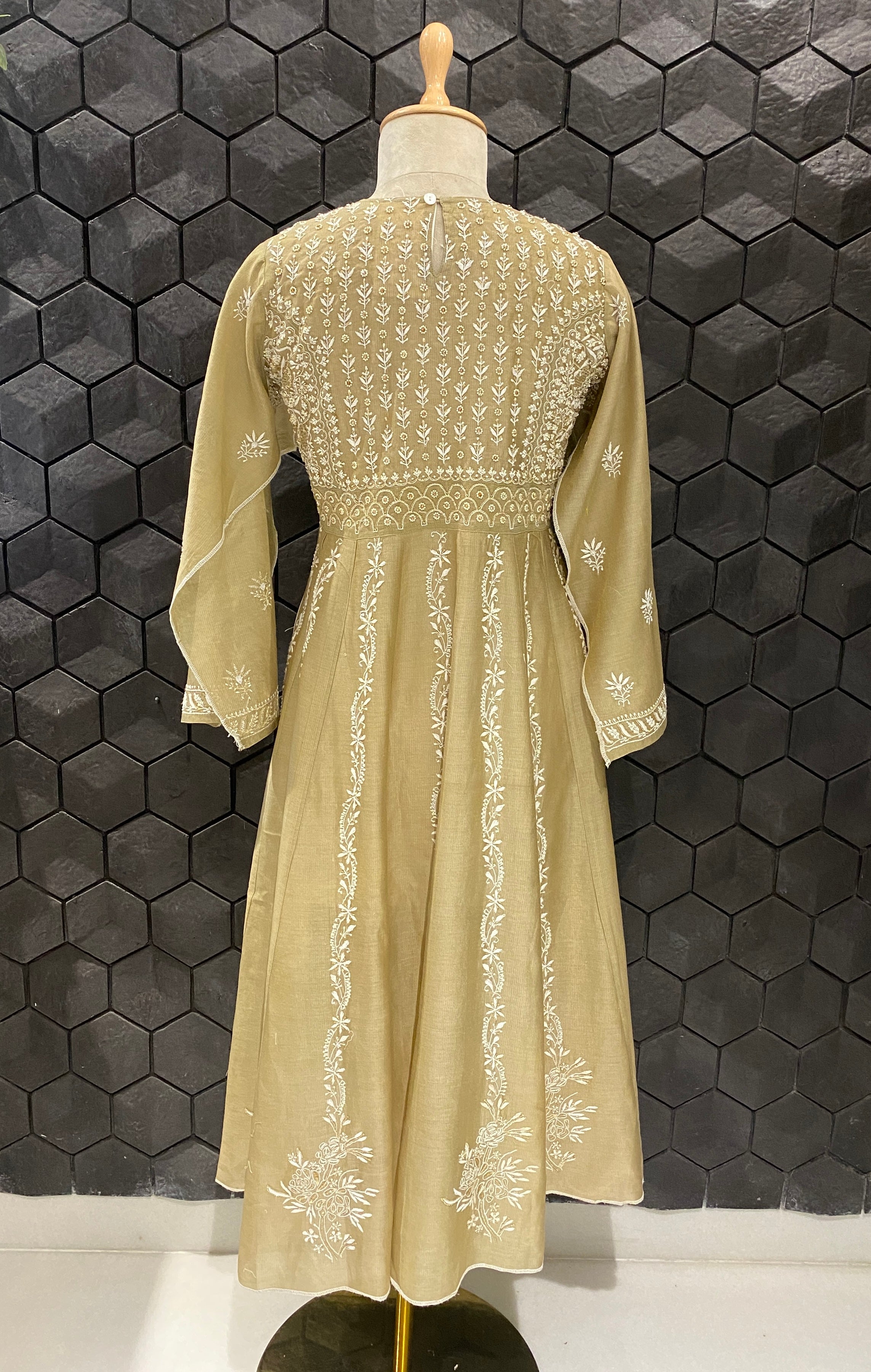 Olive green tissue chikankari Anarkali set