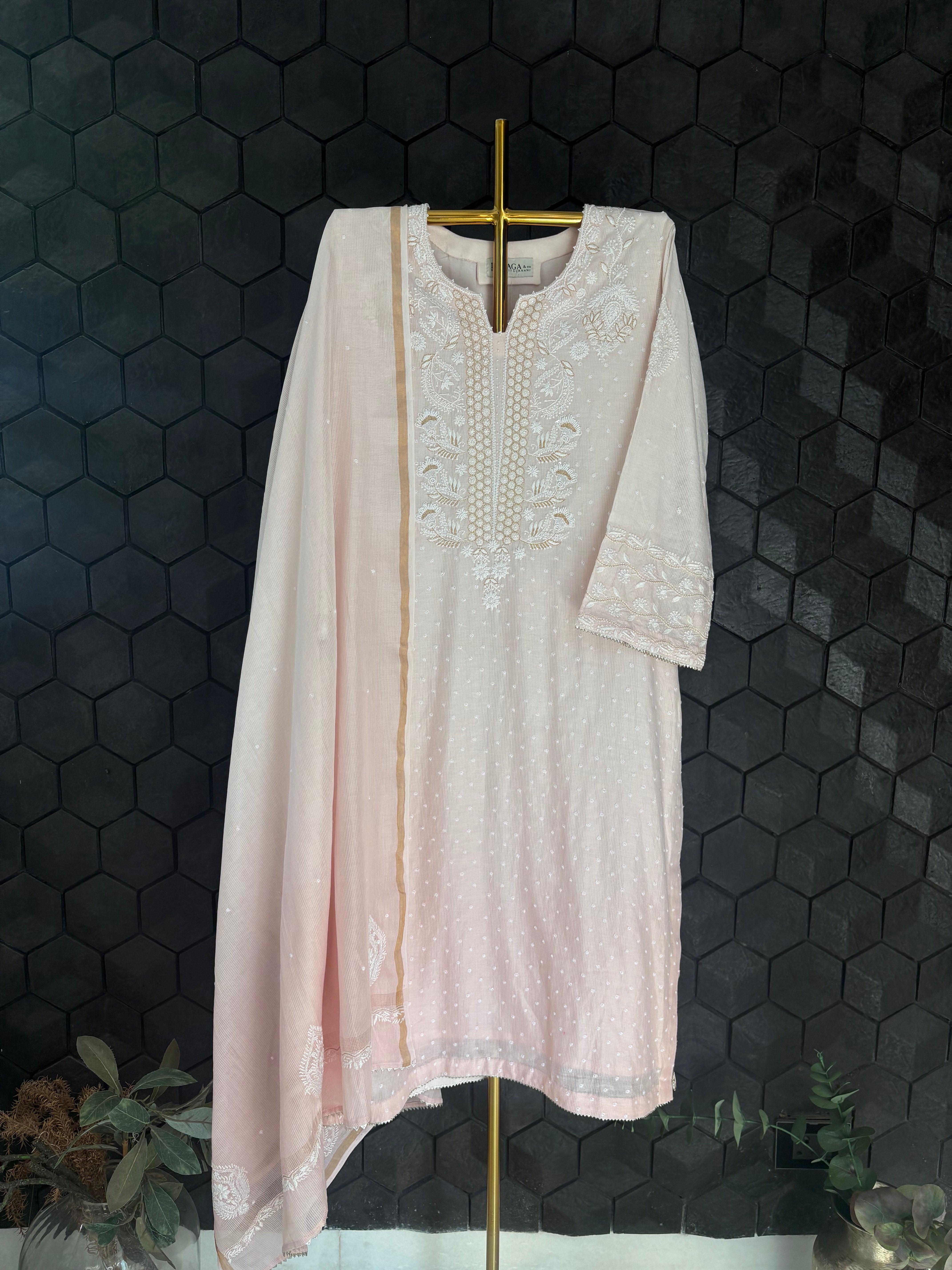 Pink Ombre Chanderi Chikankari Suit Set