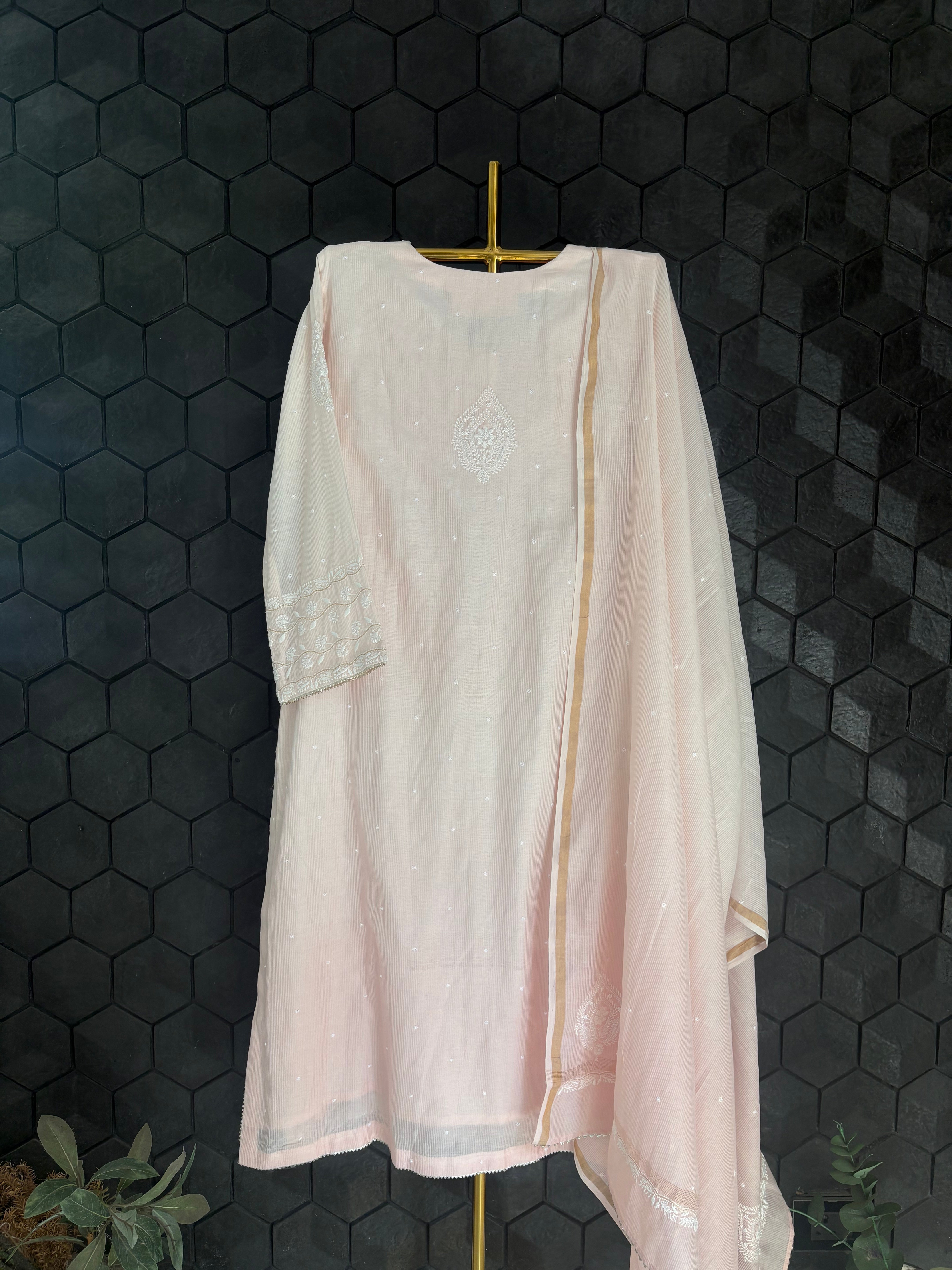 Pink Ombre Chanderi Chikankari Suit Set