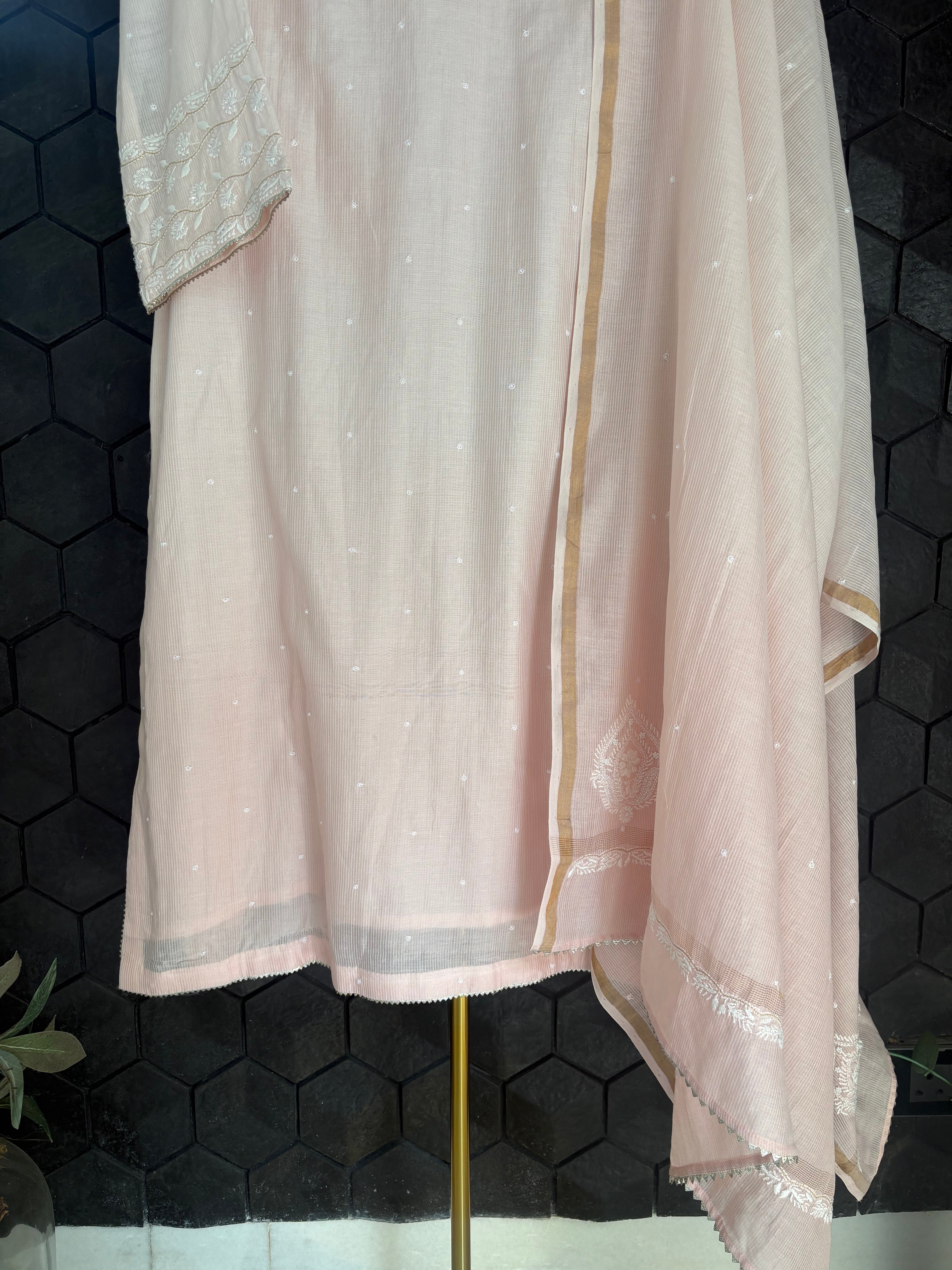 Pink Ombre Chanderi Chikankari Suit Set