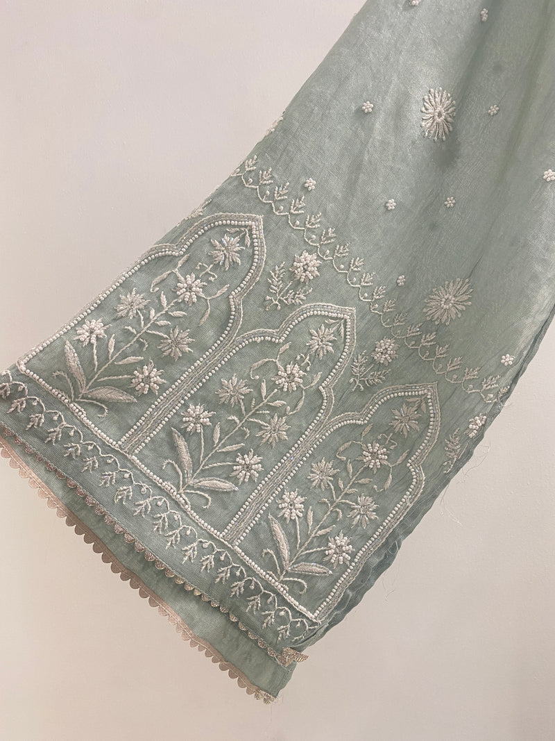 Mint Green Silver Tissue Chikankari Anarkali Set