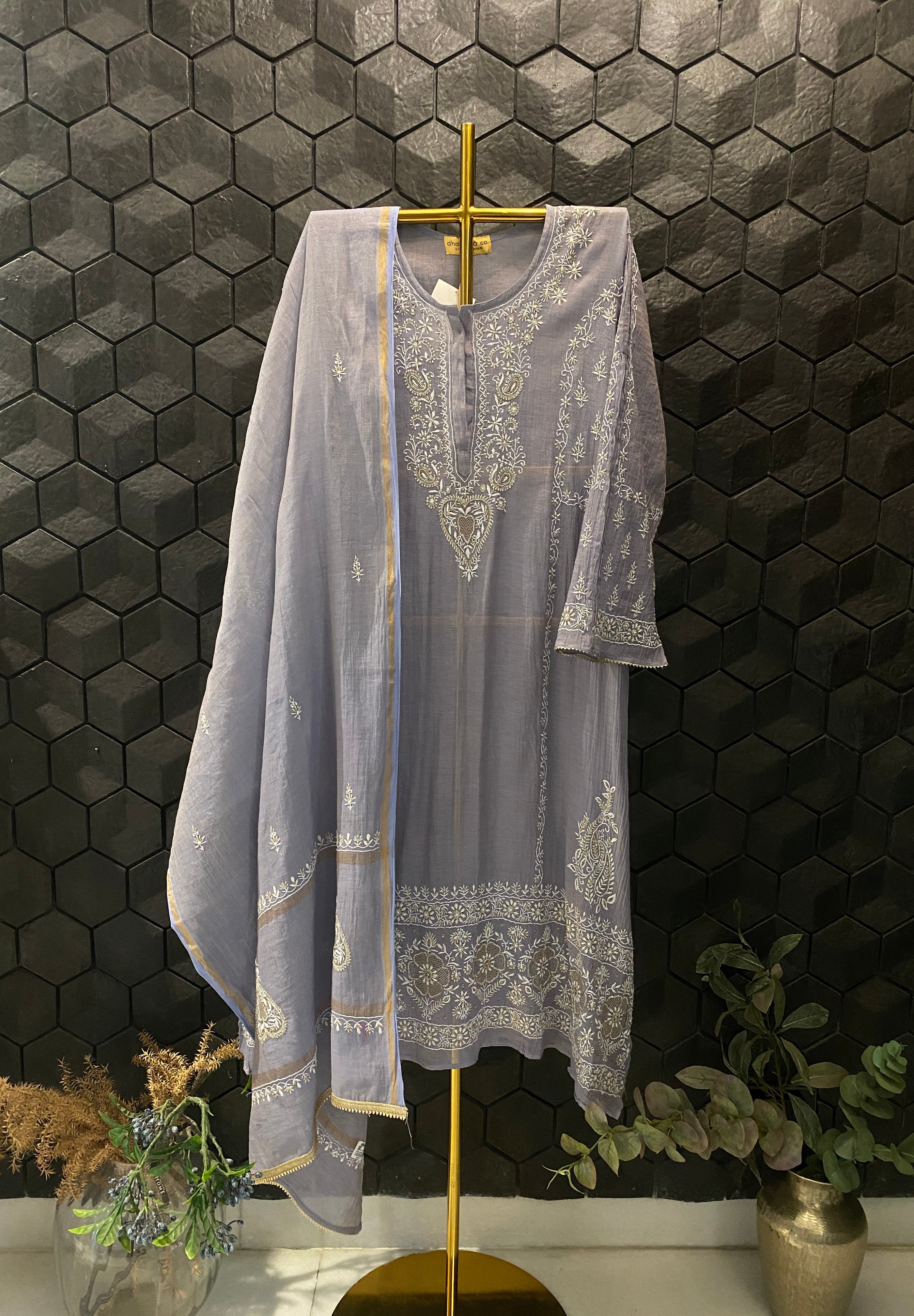 Powder Blue Zari Tissue Chikankari Kurta Set