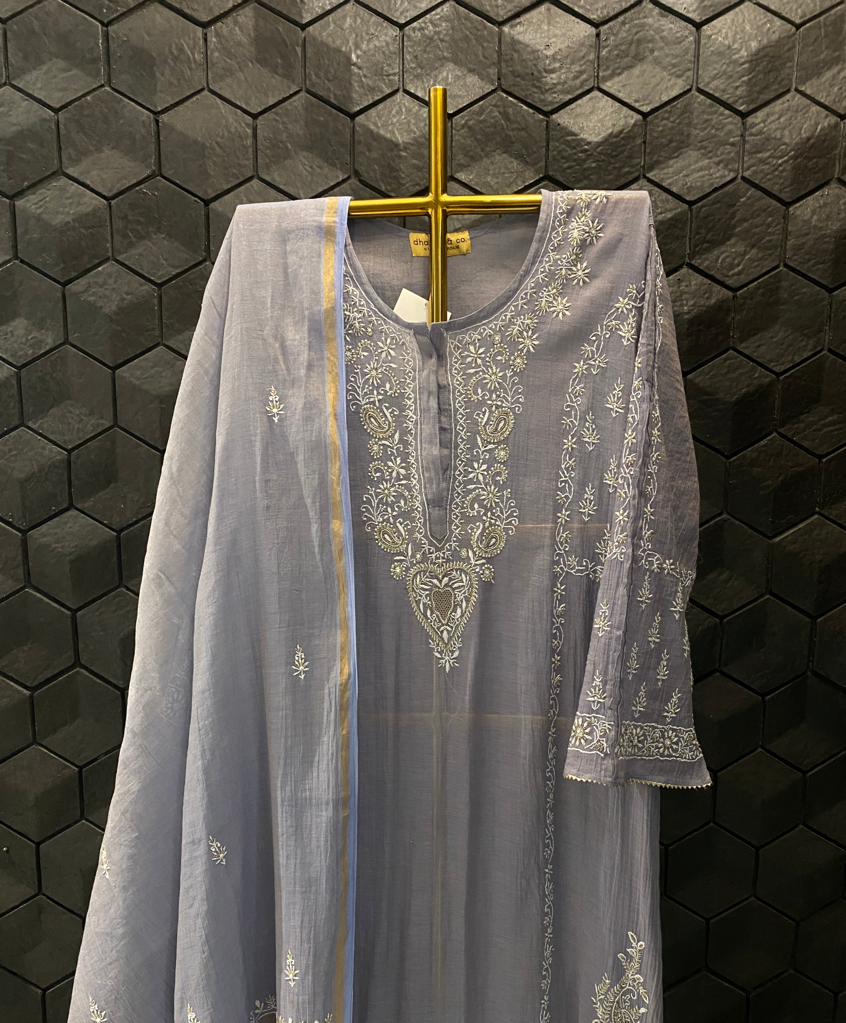 Powder Blue Zari Tissue Chikankari Kurta Set