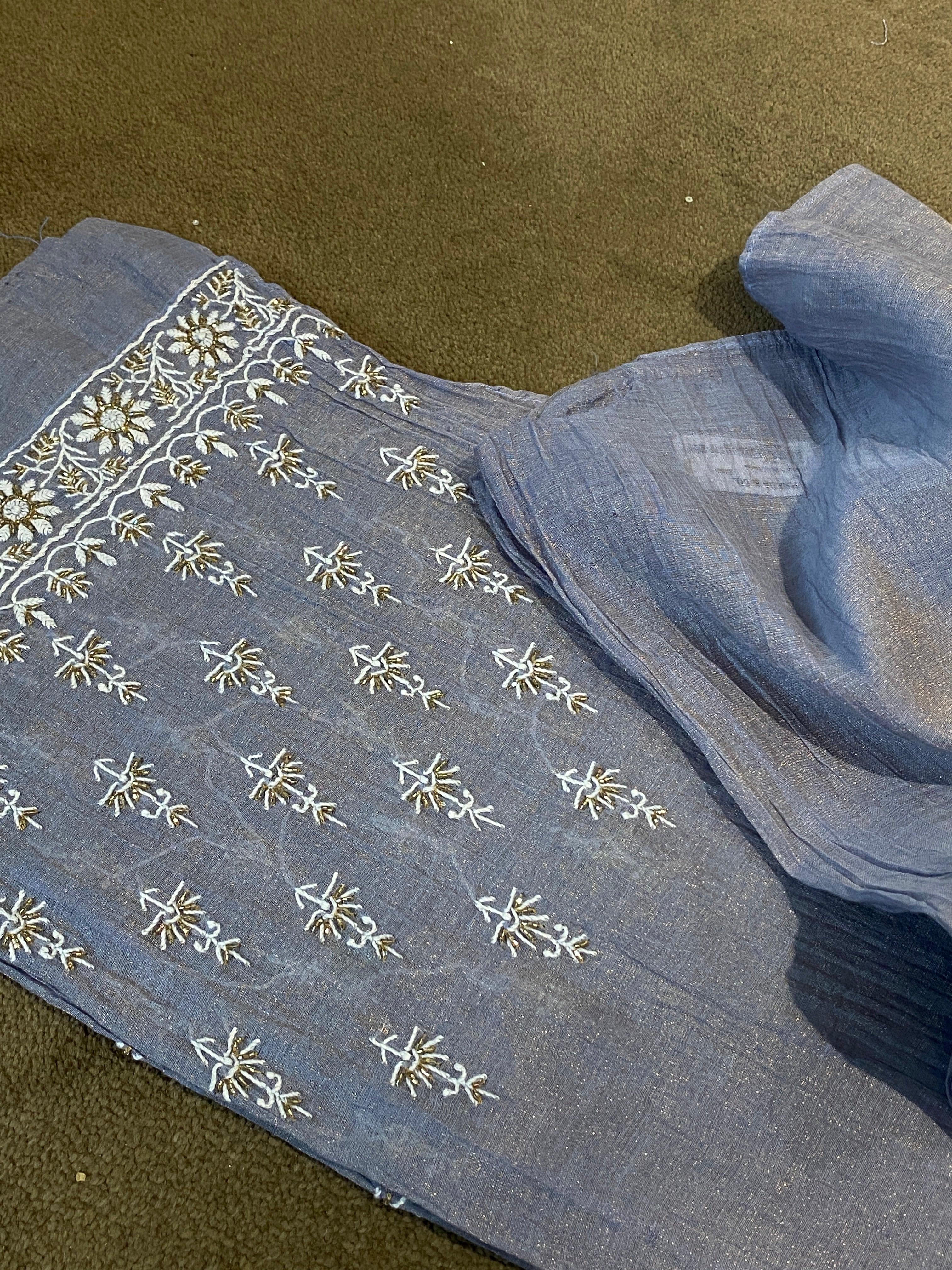 Powder Blue Zari Tissue Chikankari Kurta Set