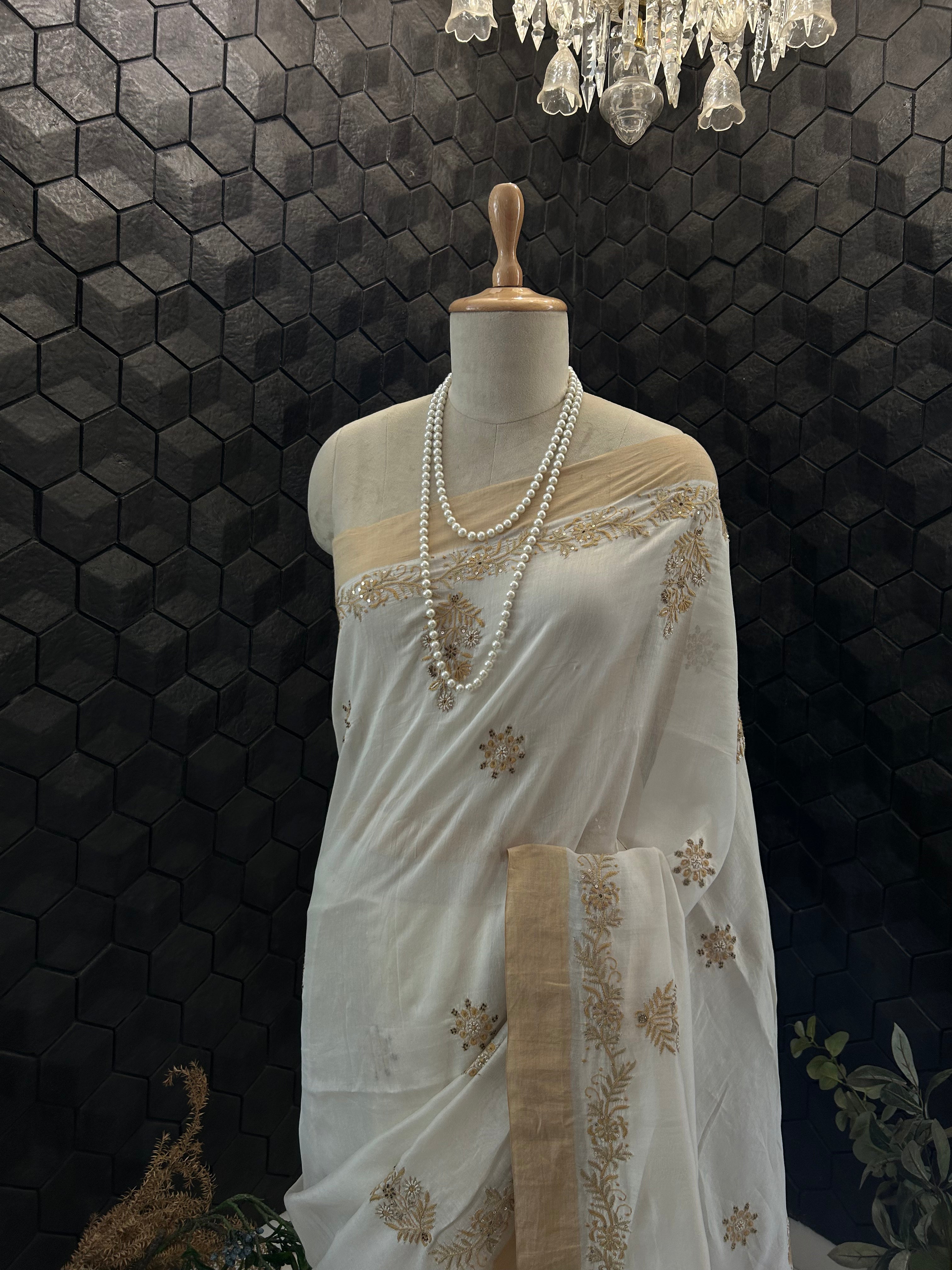 Ivory Chanderi Chikankari Saree with Statement Aari Work