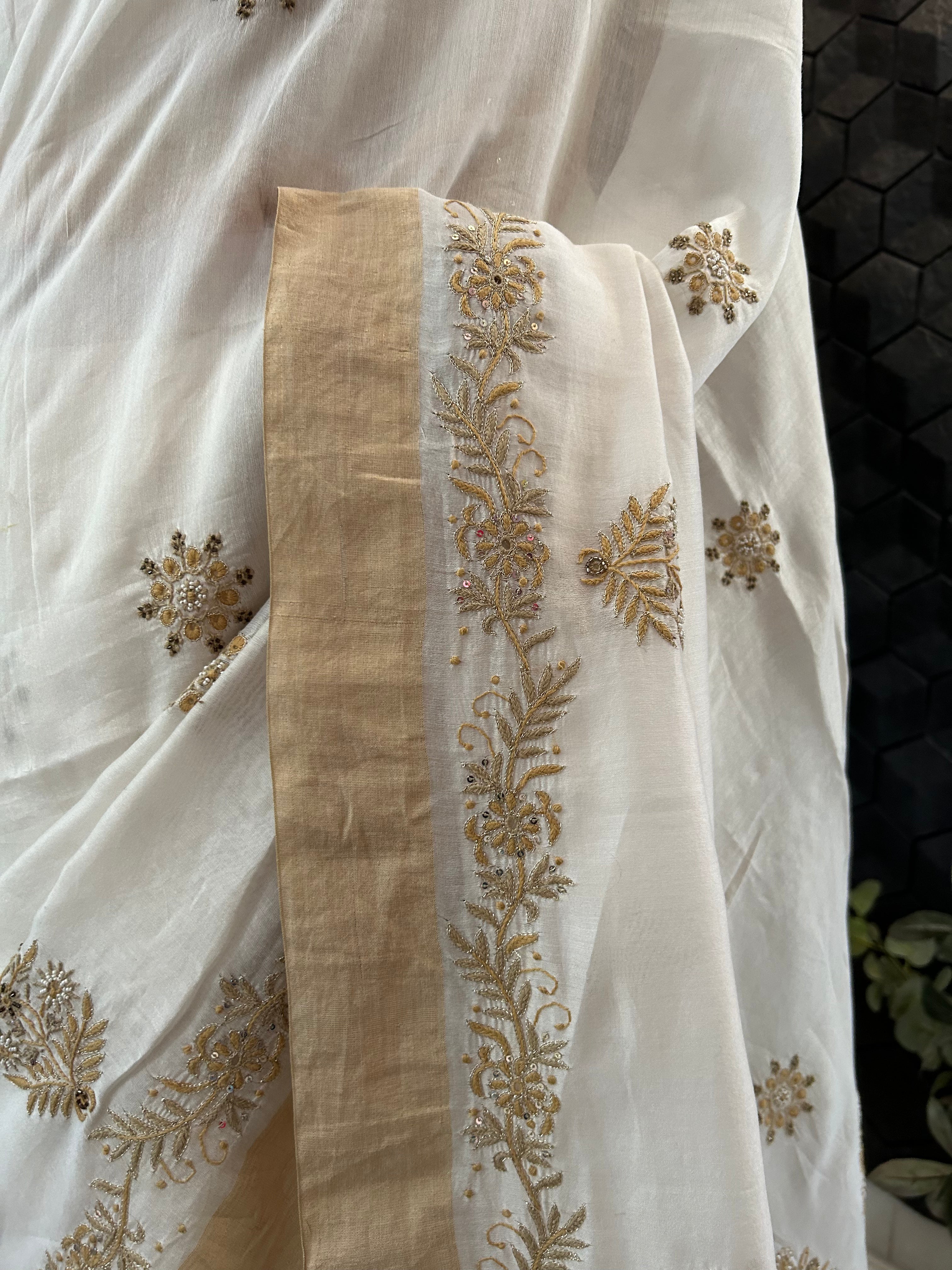 Ivory Chanderi Chikankari Saree with Statement Aari Work