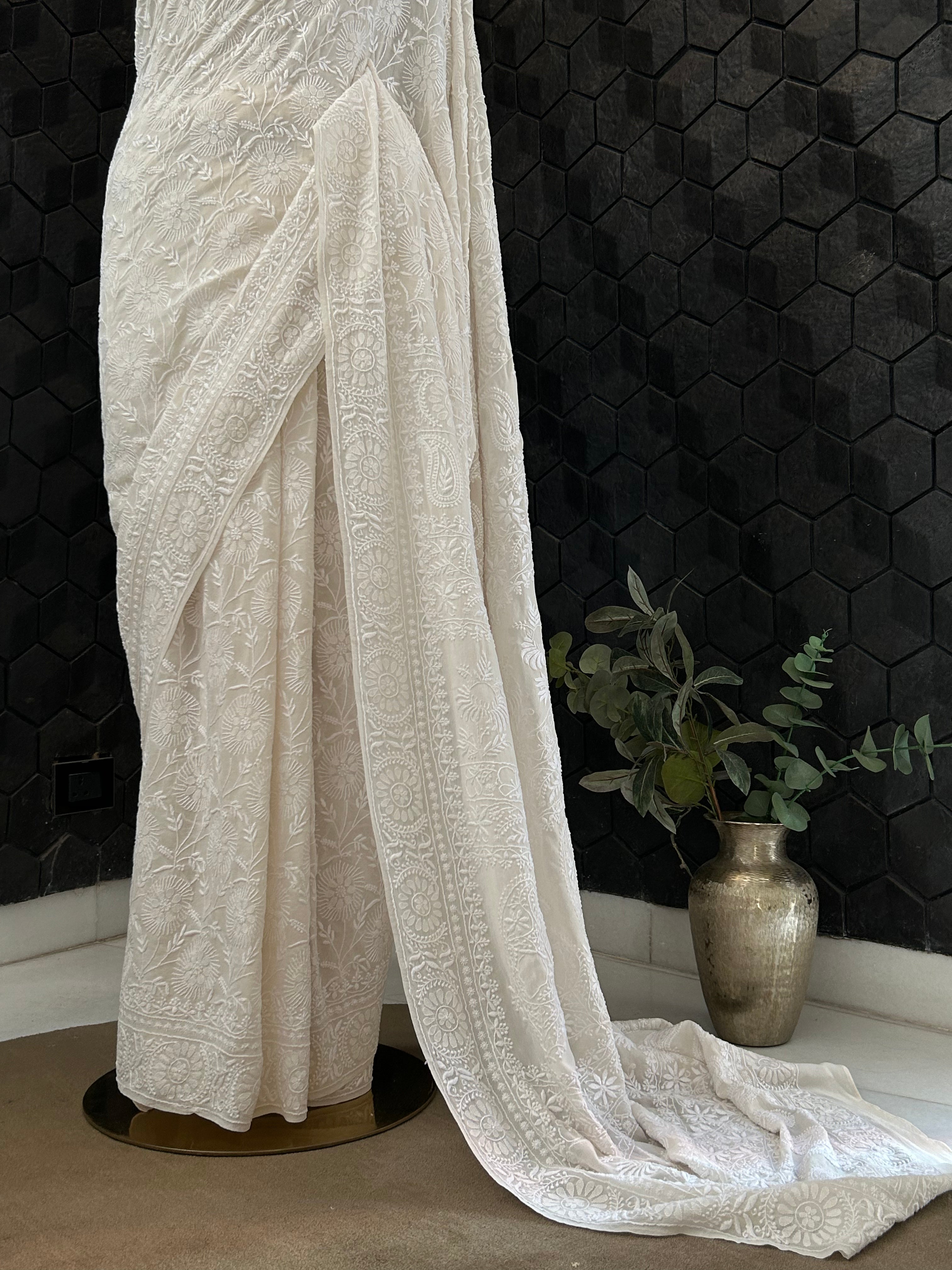 Premium White Georgette Chikankari Teen Taar With Statement Flower Boota