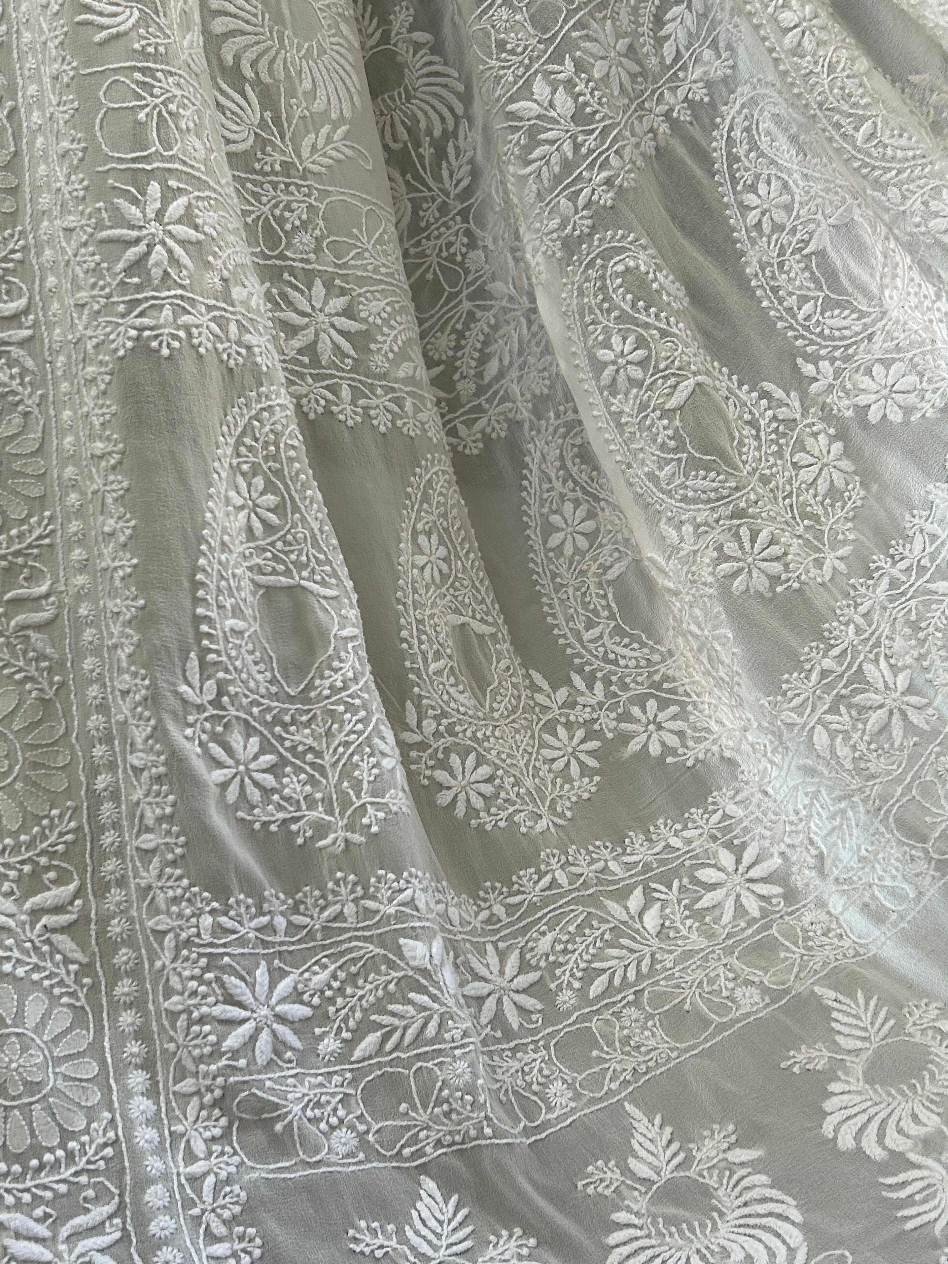 Premium White Georgette Chikankari Teen Taar With Statement Flower Boota