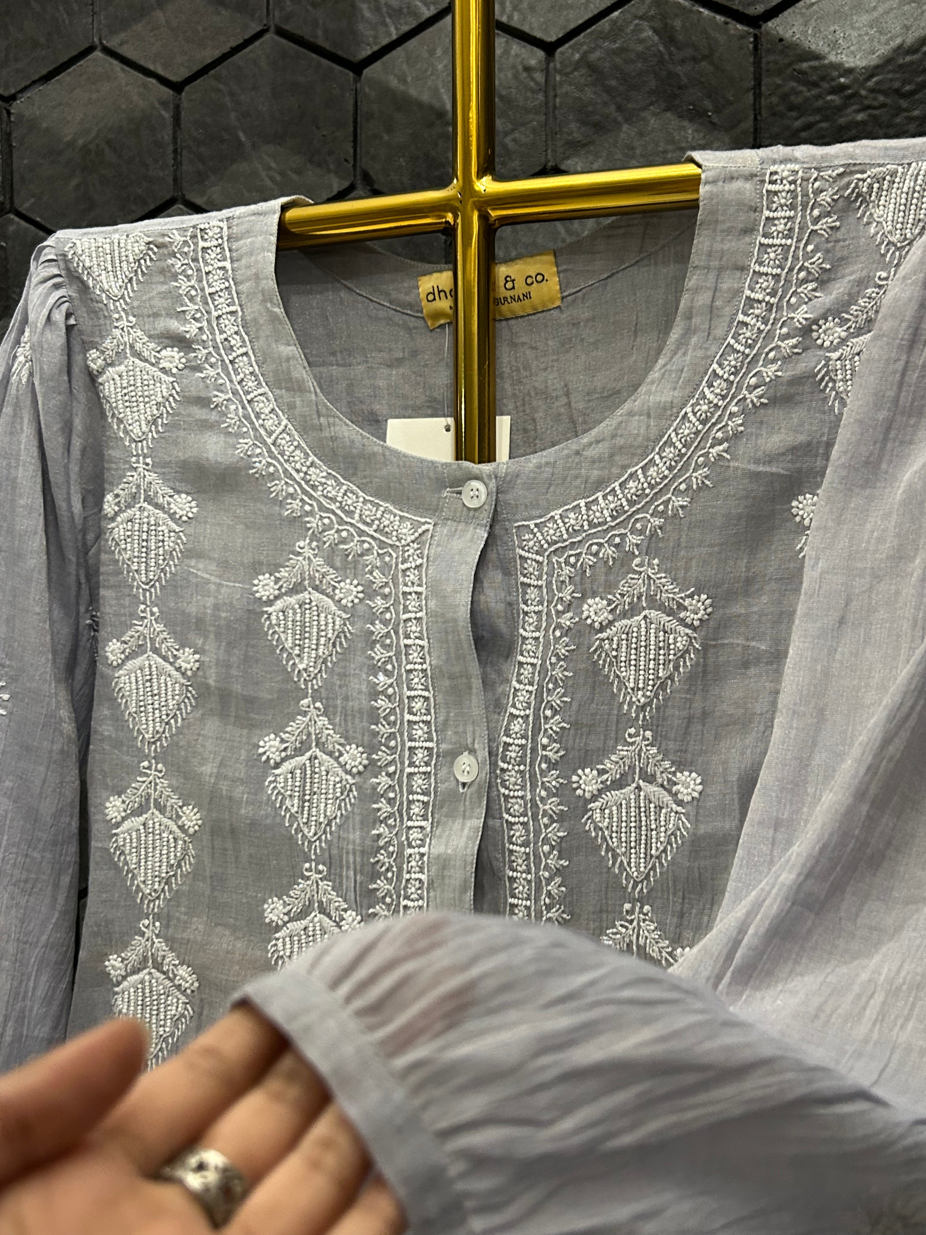 Grey Silver Tissue Chikankari Co-ord Set