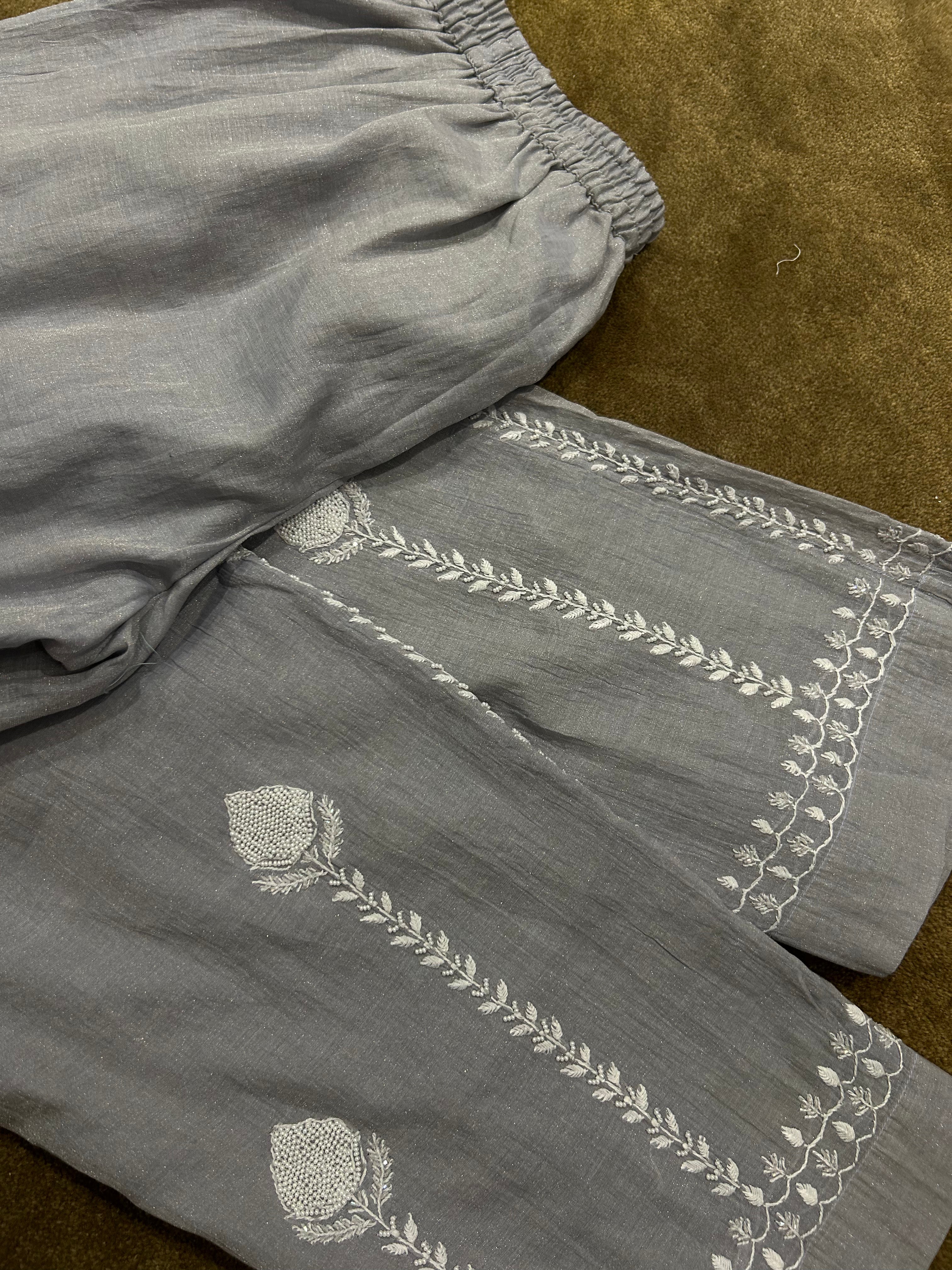 Grey Silver Tissue Chikankari Co-ord Set