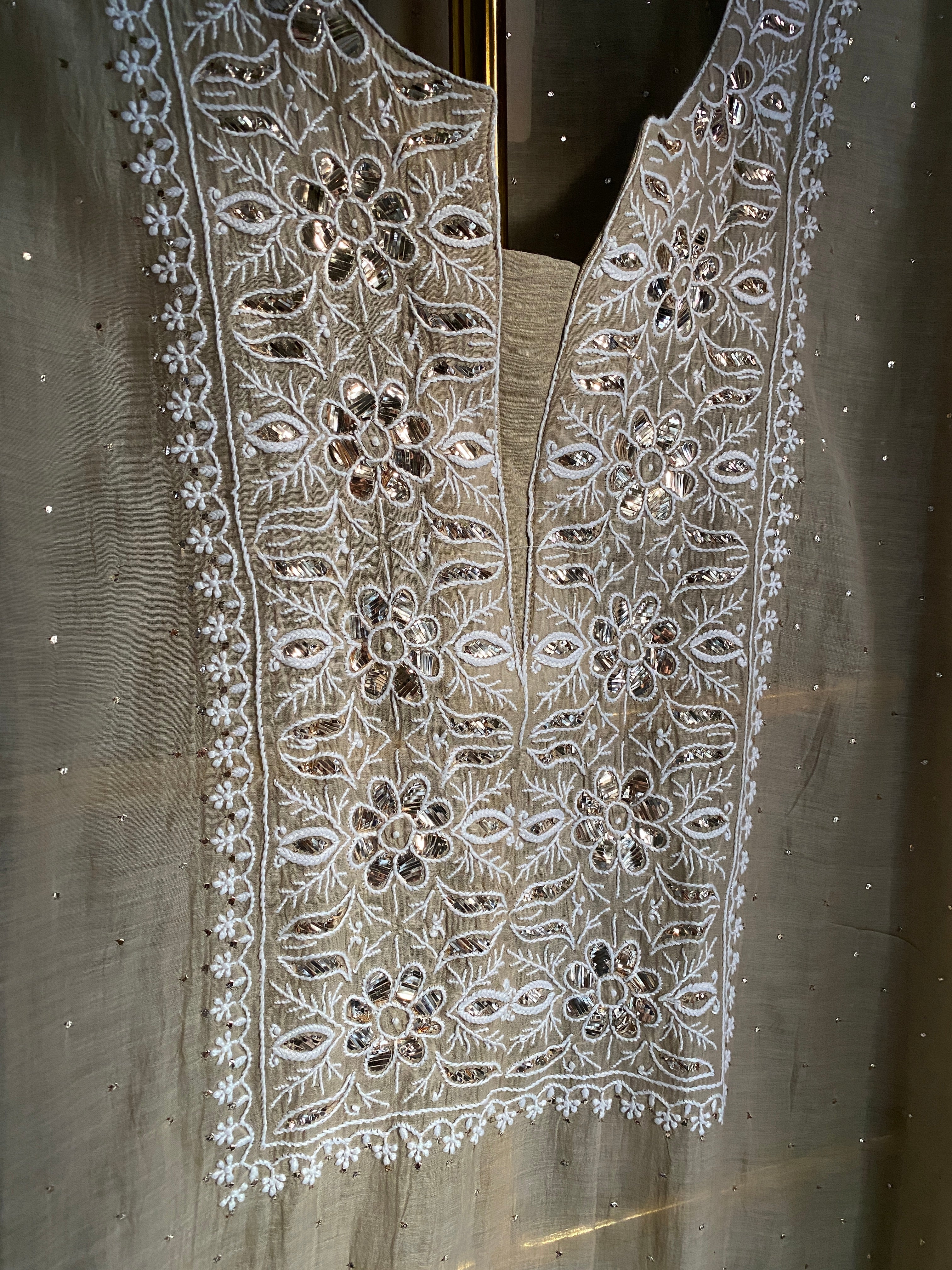 Brown mul chanderi chikankari kurta set