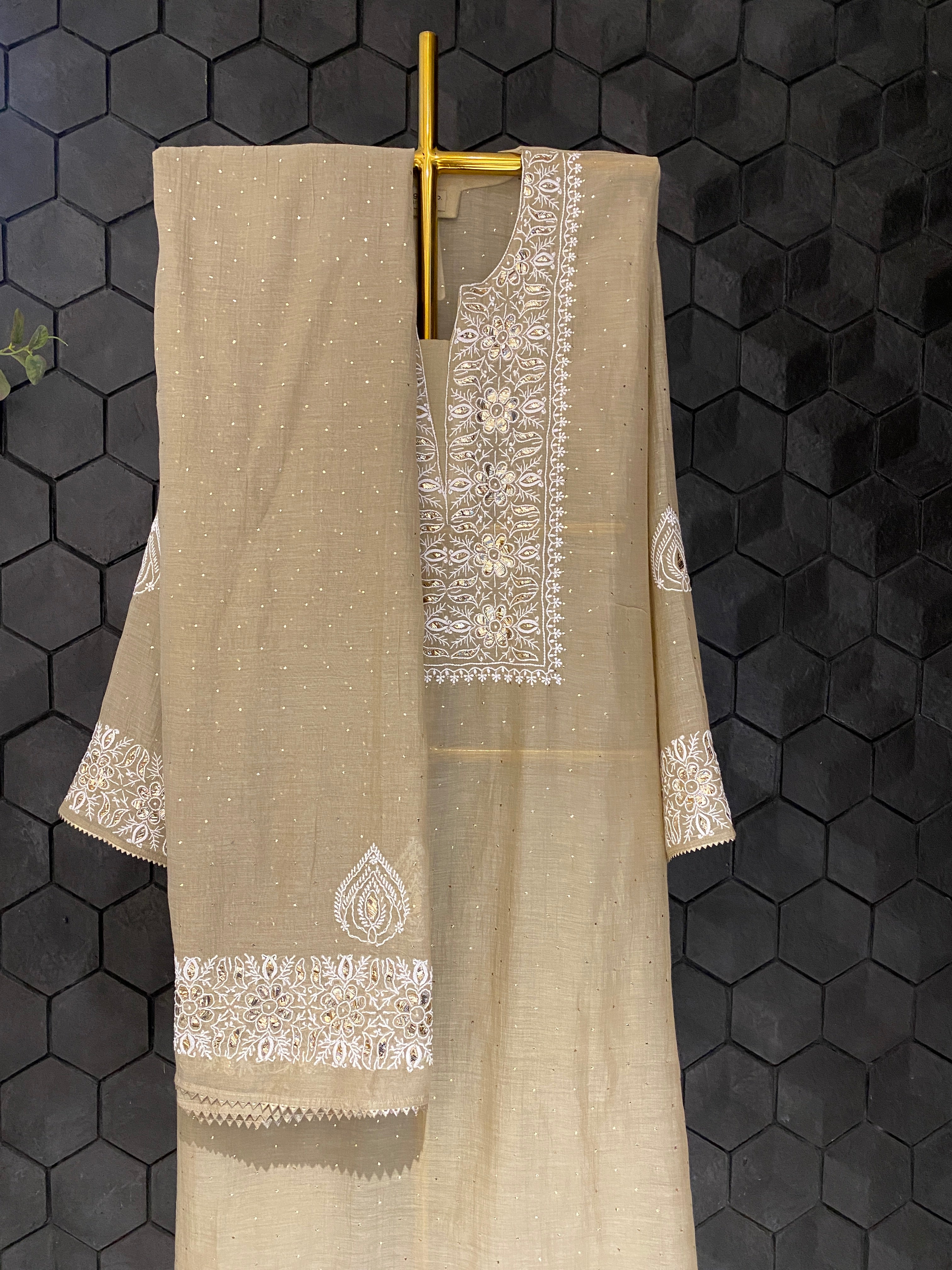 Brown mul chanderi chikankari kurta set