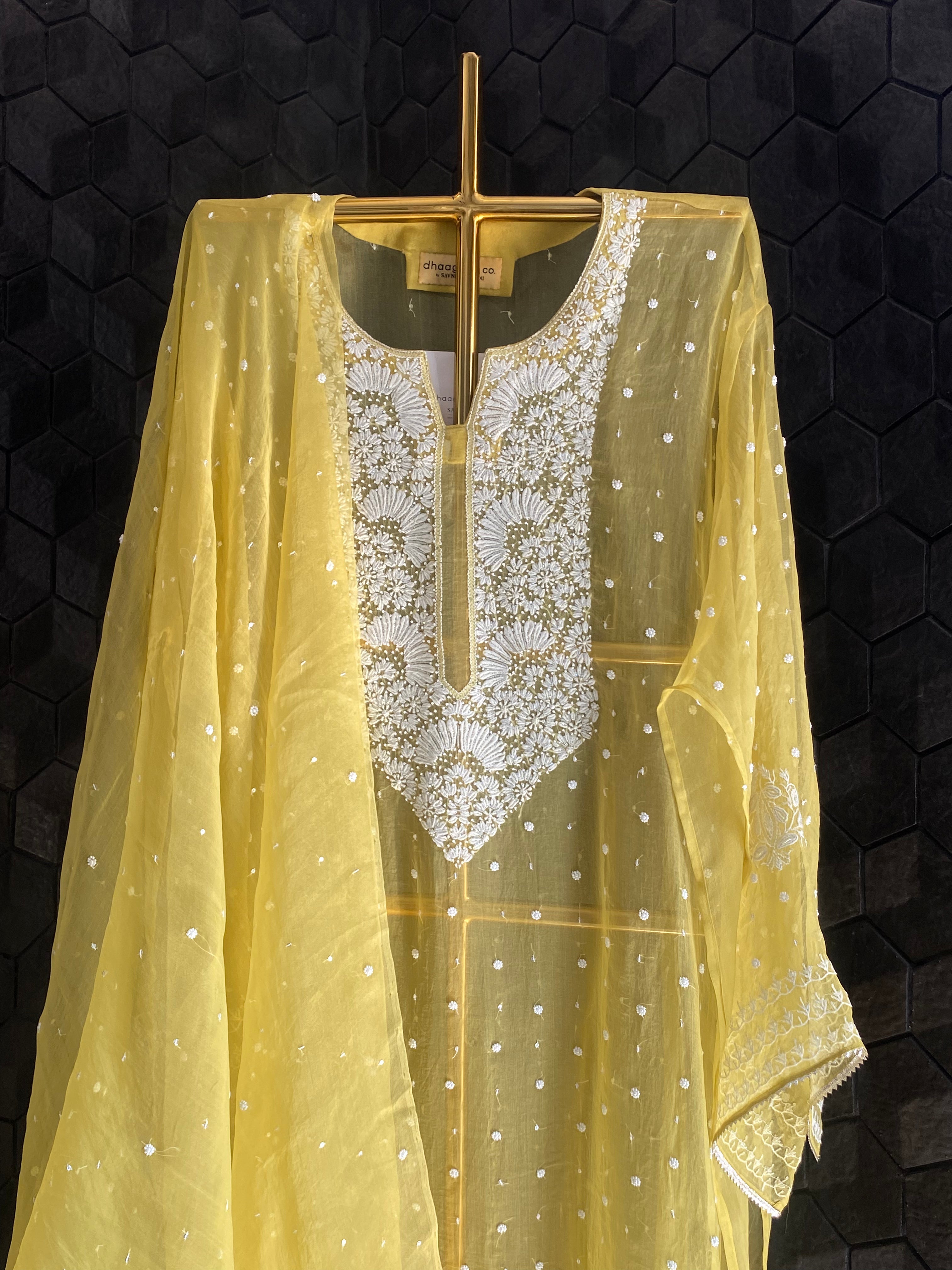 Lime Yellow Organza Chikankari Kurta set