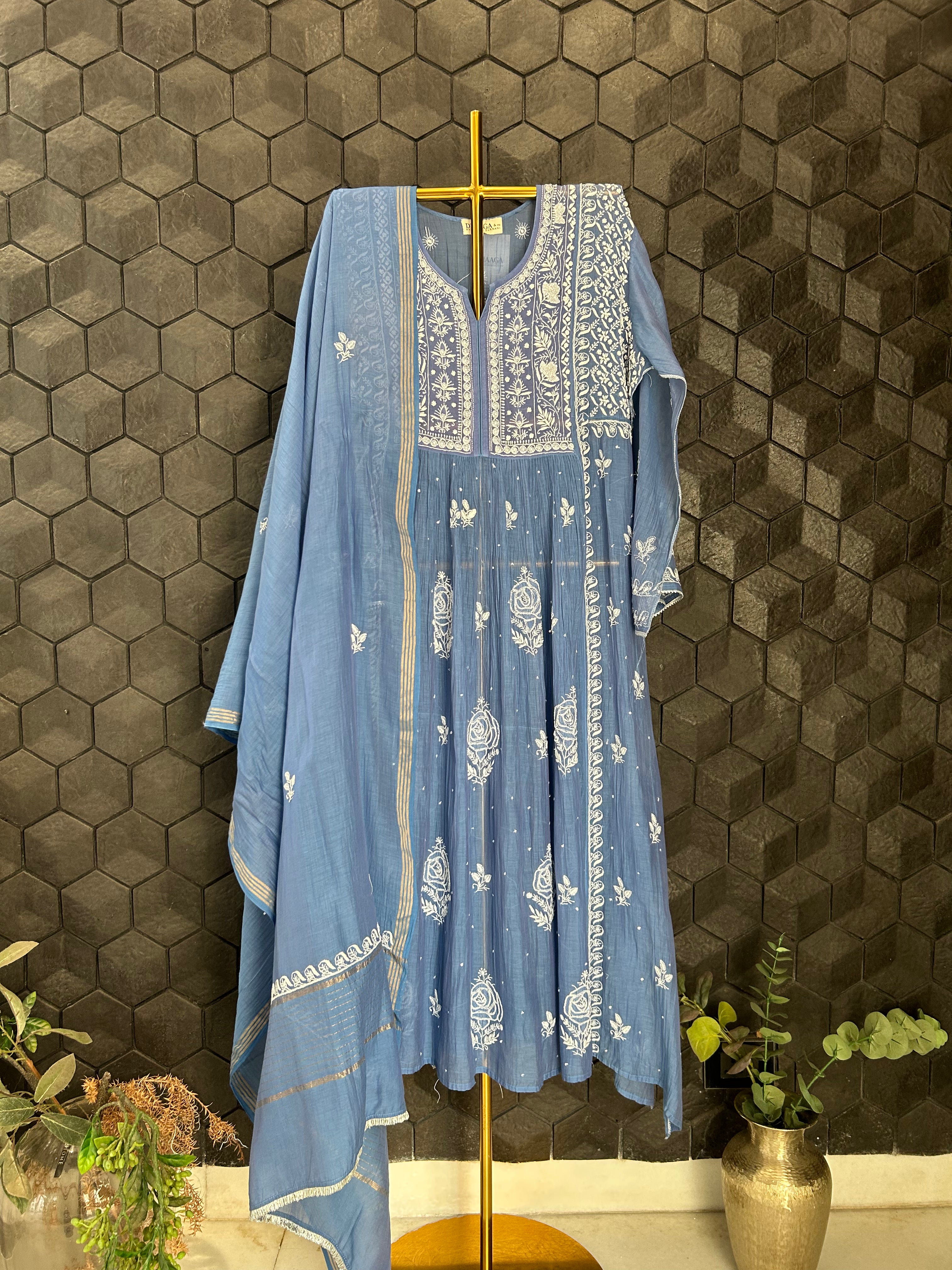 Blue Mul Chanderi Chikankari kurta Set