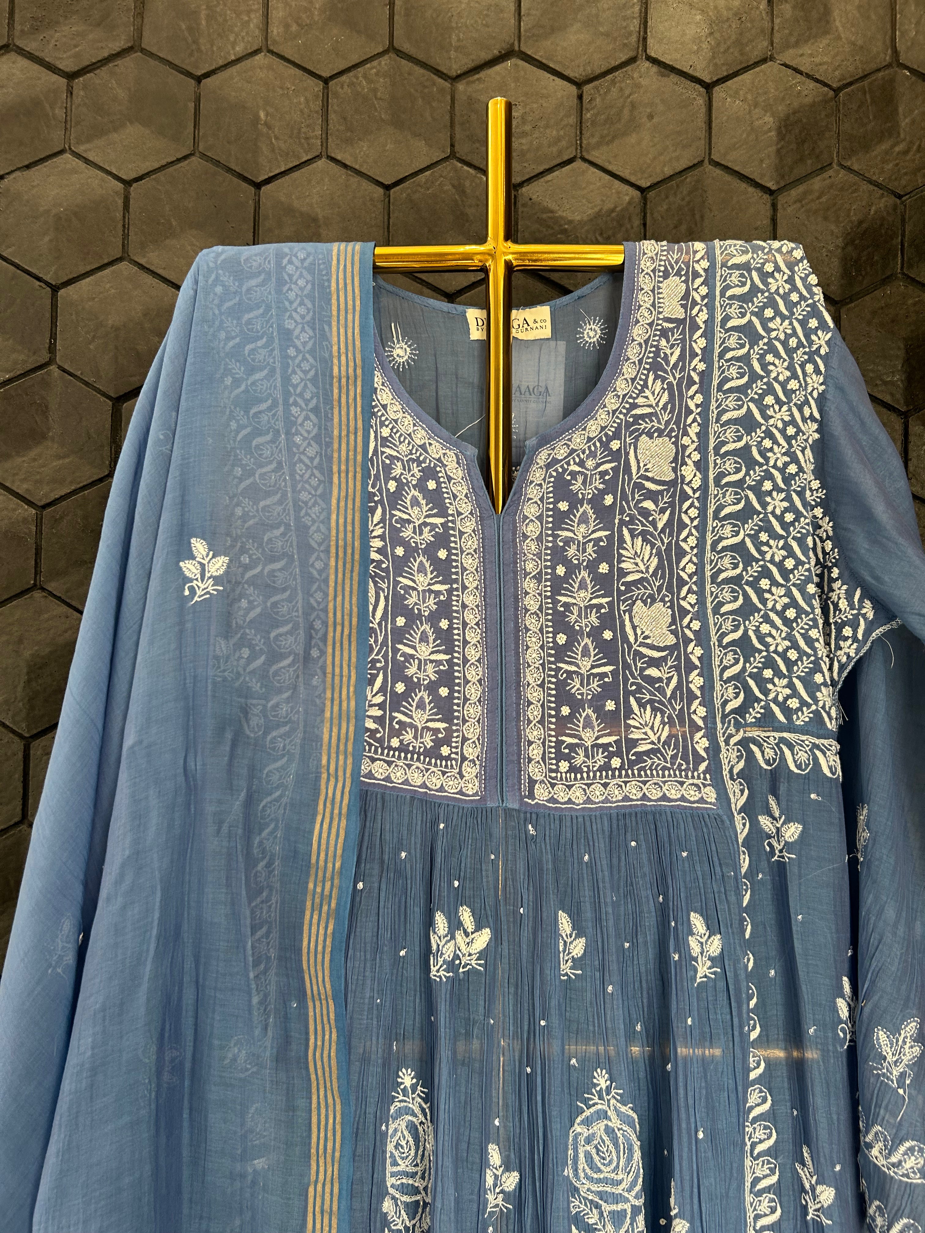 Blue Mul Chanderi Chikankari kurta Set