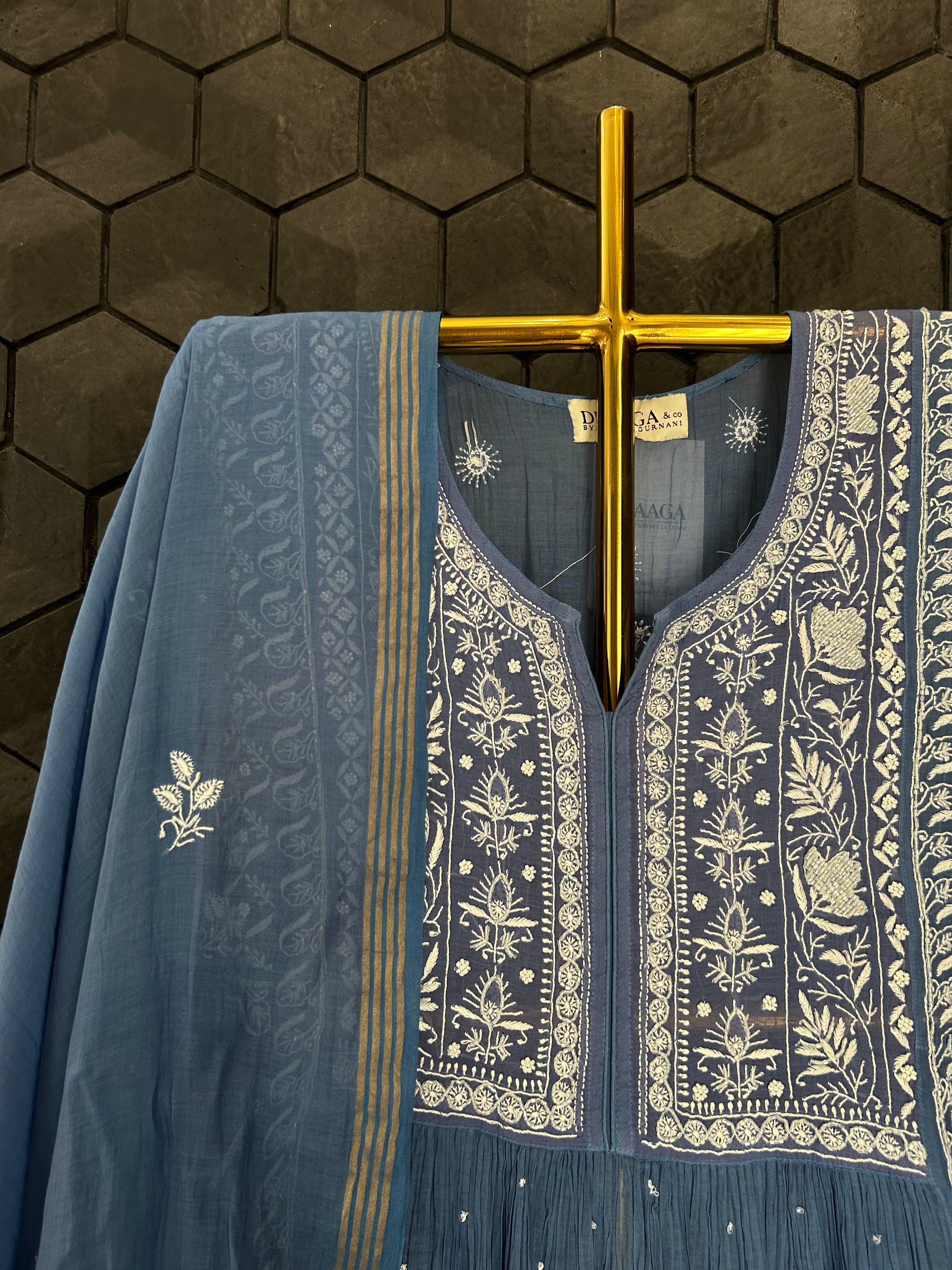 Blue Mul Chanderi Chikankari kurta Set